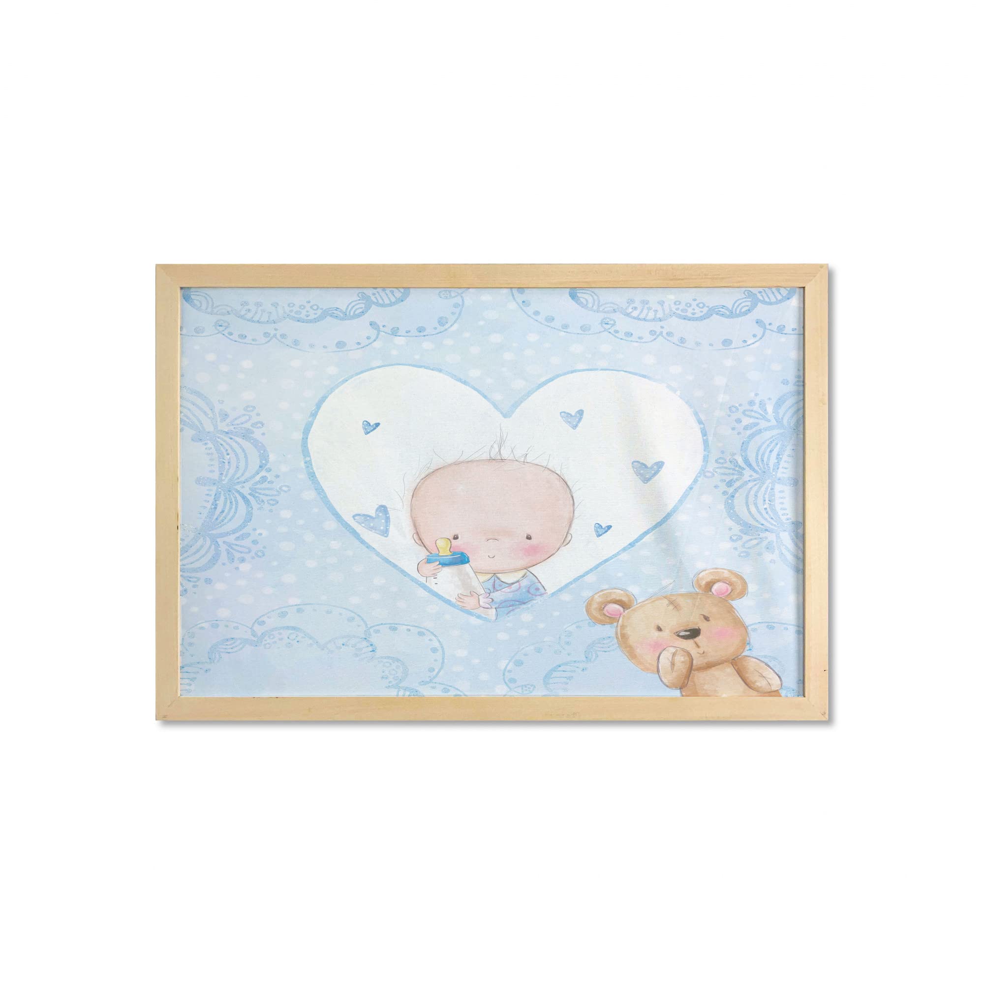 Ambesonne Gender Reveal Wall Art with Frame - Little Boy & Teddy Bear Heart Design - Printed Fabric Poster for Nursery, Baby Shower, Living Room, Bathroom, Dorm Decor - 35