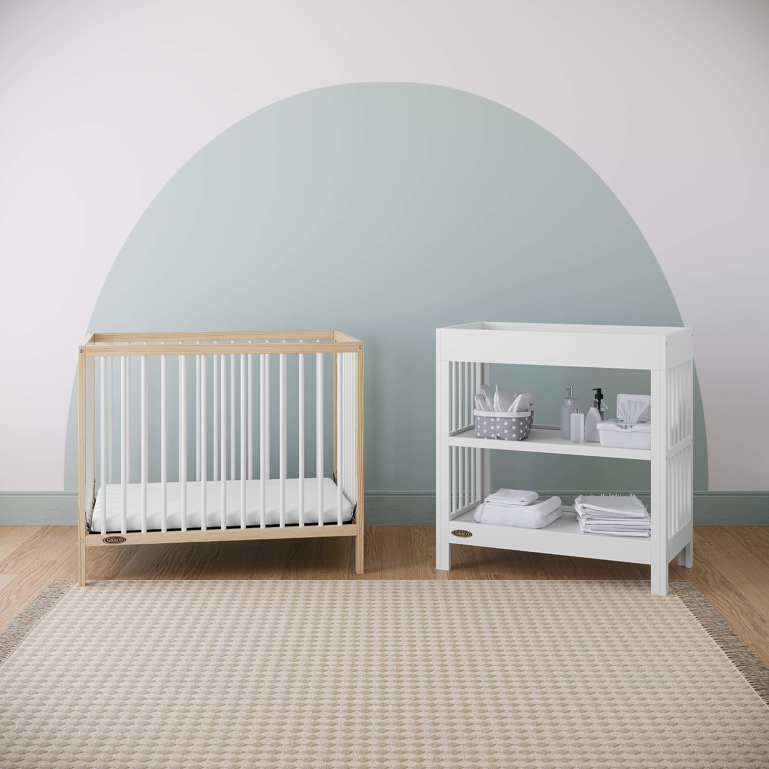 Graco Teddi 4-in-1 Convertible Mini Crib with Water-Resistant Mattress – GREENGUARD Gold Certified, Natural & White Finish, 2.75-Inch Mattress Included, Space-Saving Design, Easy 30-Minute Assembly – Perfect for Small Nurseries, Apartments & Travel