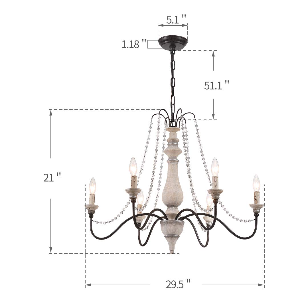 6-Light Classic Countryside Wood-Like Metal Crystal Chandelier - French Country Rustic Farmhouse Style - 29.5