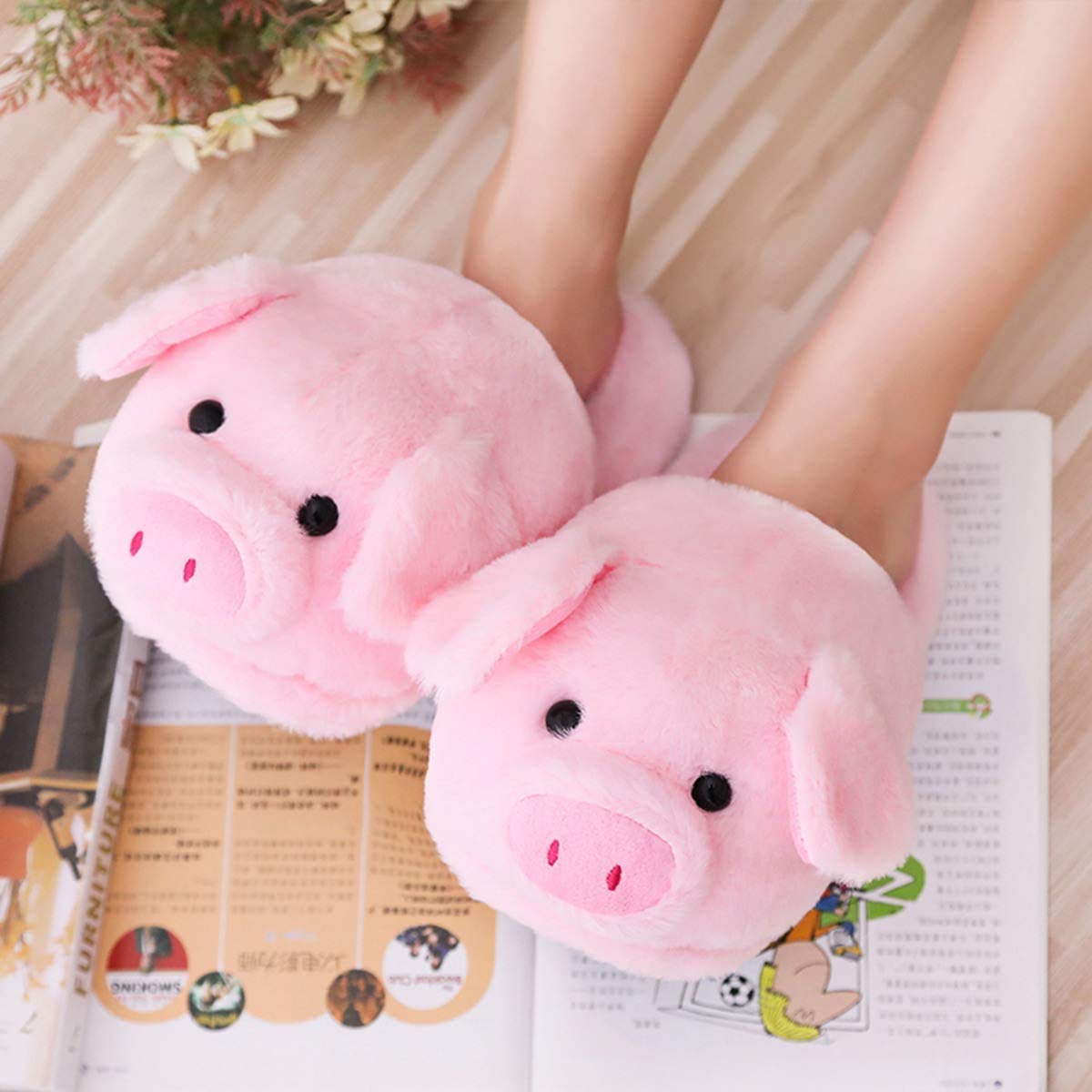 Pink Pig Plush Slippers - Fuzzy Warm Stuffed Animal House Slippers for Women | Cozy Indoor Shoes for Home, Lounge & Gift Giving