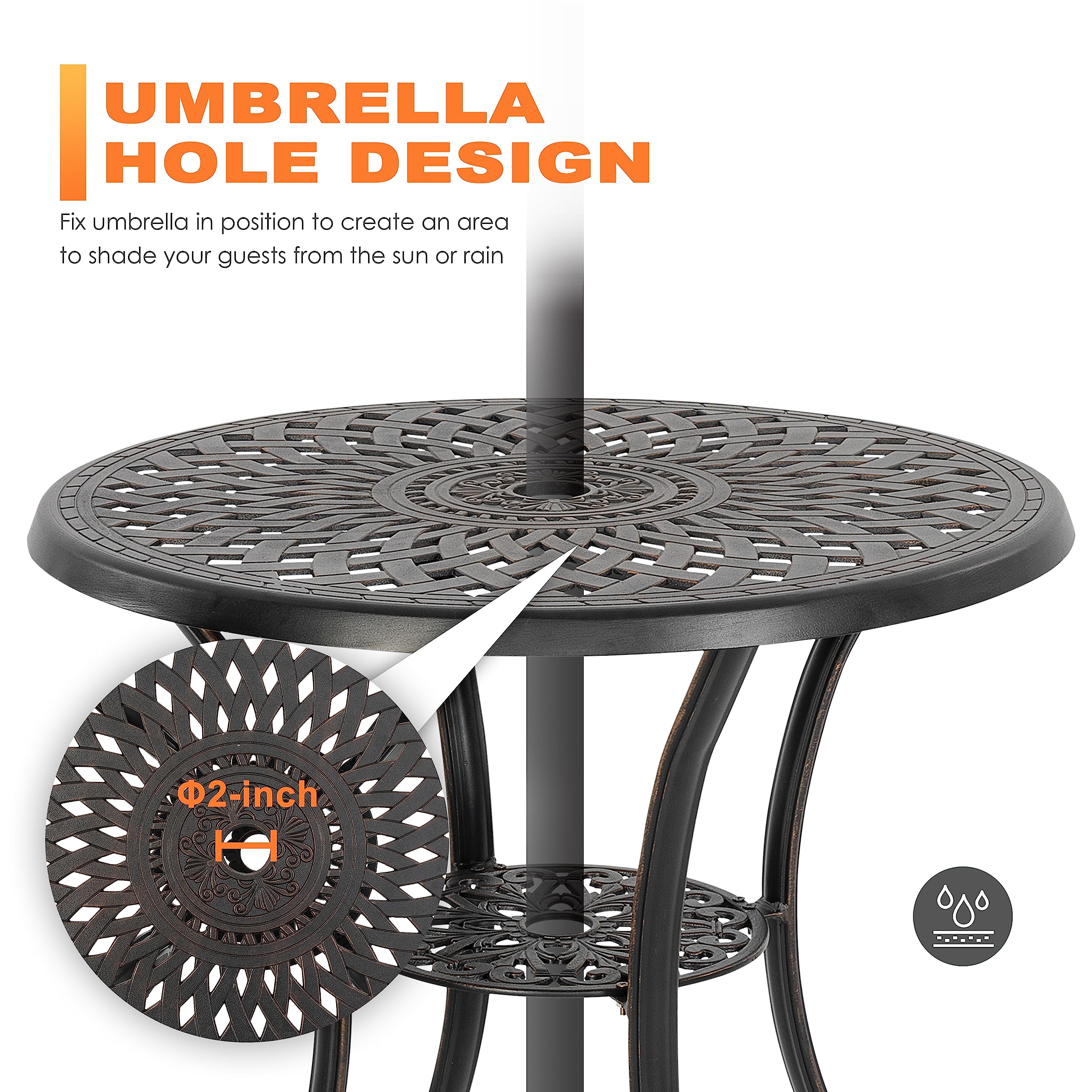 NUU GARDEN 31 Inch Round Outdoor Dining Table - Cast Aluminum Patio Table with Umbrella Hole - Weather-Resistant Bistro Table for Backyard, Garden, Deck, Porch - Black with Antique Bronze Trim - Perfect for Outdoor Entertaining & Dining Al Fresco