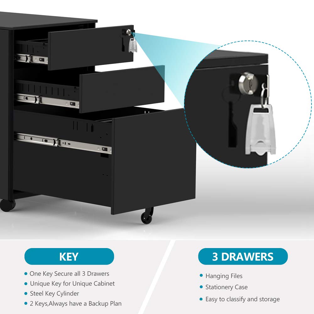 3-Drawer Mobile File Cabinet with Lock - Rolling Under Desk Storage Organizer, Fully Assembled Black File Cabinet for Office, Home & School Use
