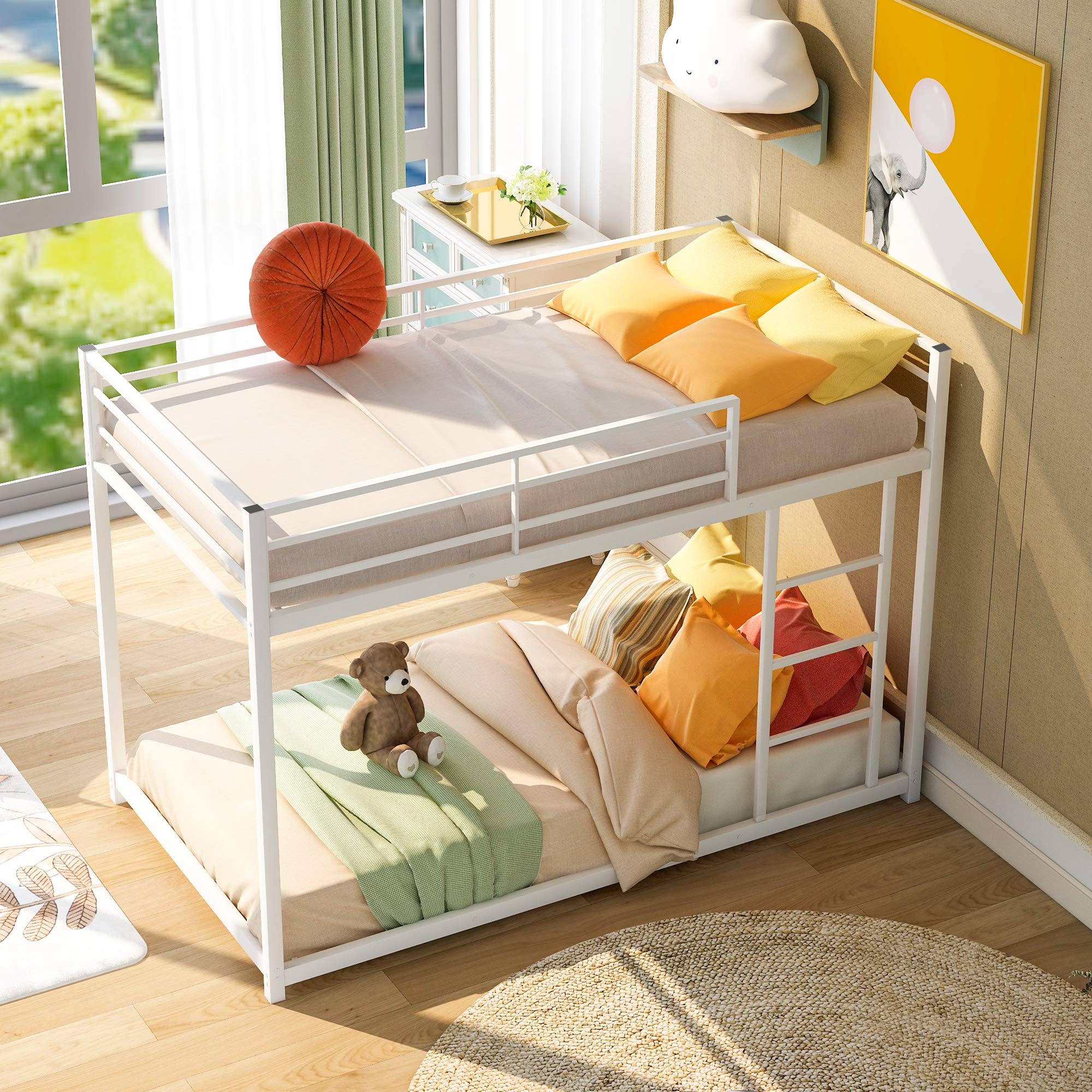 Merax Twin Over Twin Low Bunk Bed with Ladder - Sturdy Metal Frame Bunk Bed with Safety Rails - Modern Space-Saving Bunk Beds for Kids, Teens & Adults - Perfect for Small Bedrooms, Dorms & Shared Spaces (White)