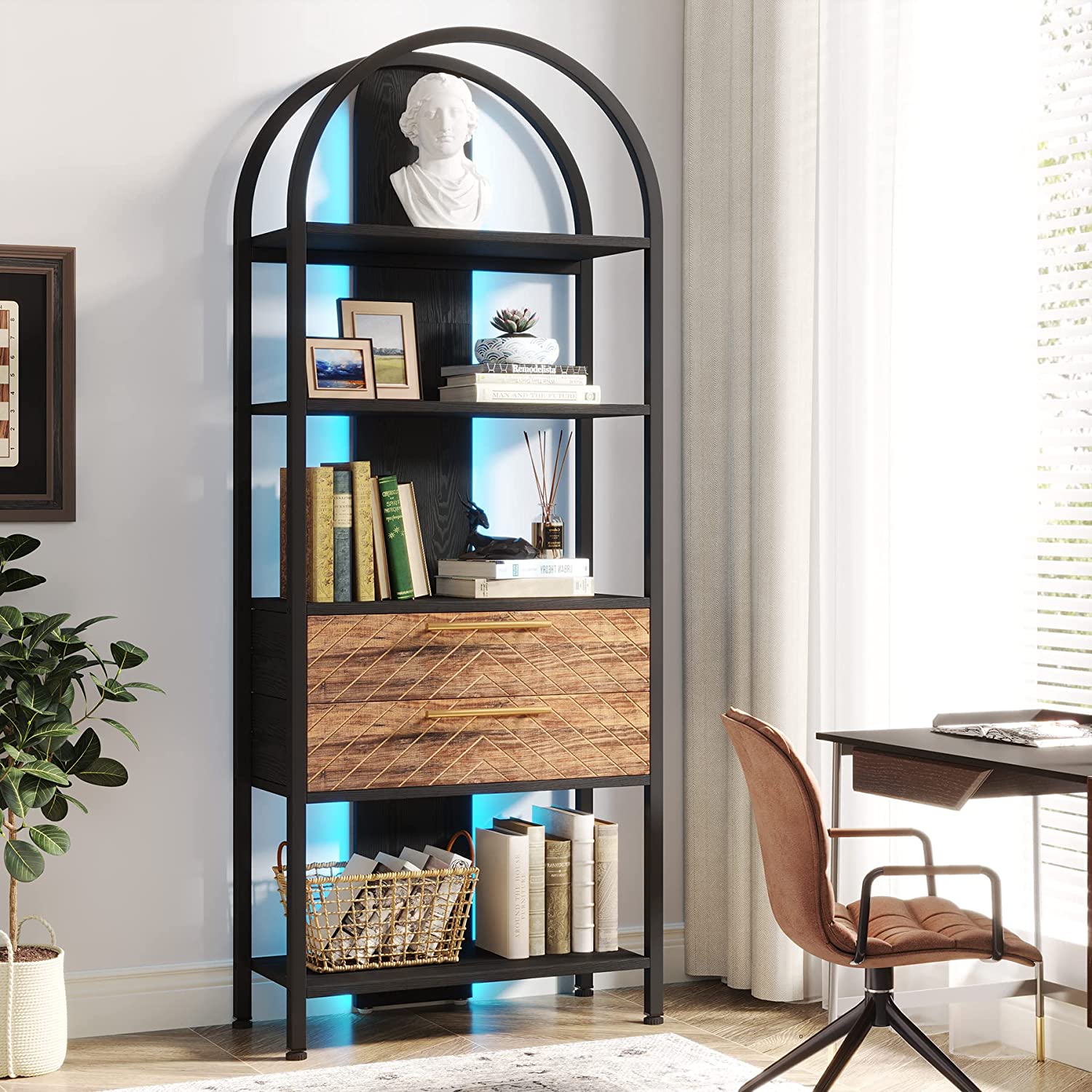 4-Tier Industrial Bookshelf with 2 Storage Drawers & LED Lights - Sturdy Metal Bookcase for Living Room, Office, or Bedroom Organization