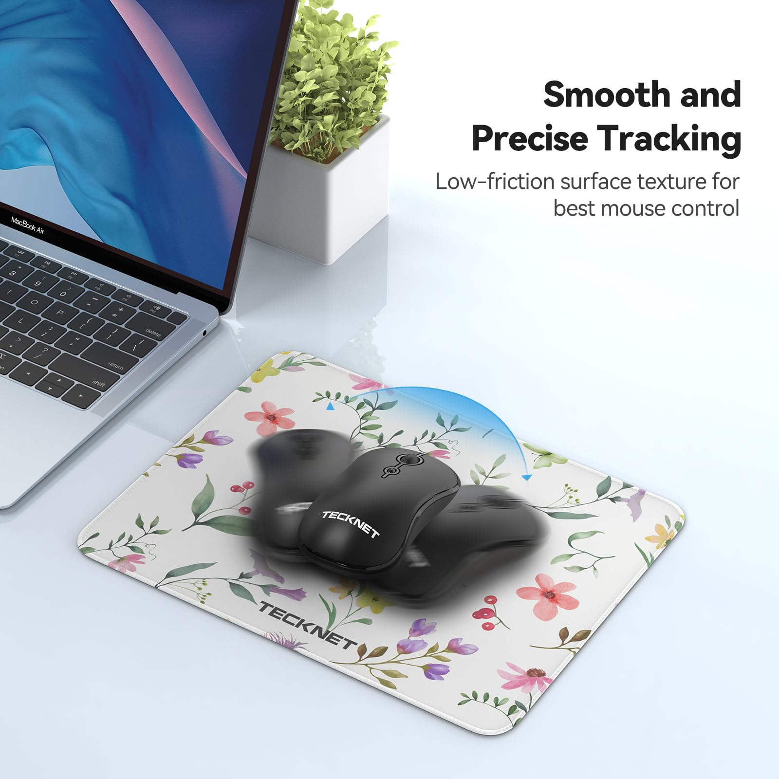 TECKNET Gaming Mouse Pad - Non-Slip Rubber Base, Waterproof Surface, Anti-Fray Stitched Edges - Compatible with Laser & Optical Mice - Perfect for PC, Laptop, Office & Home Use - Flower Design