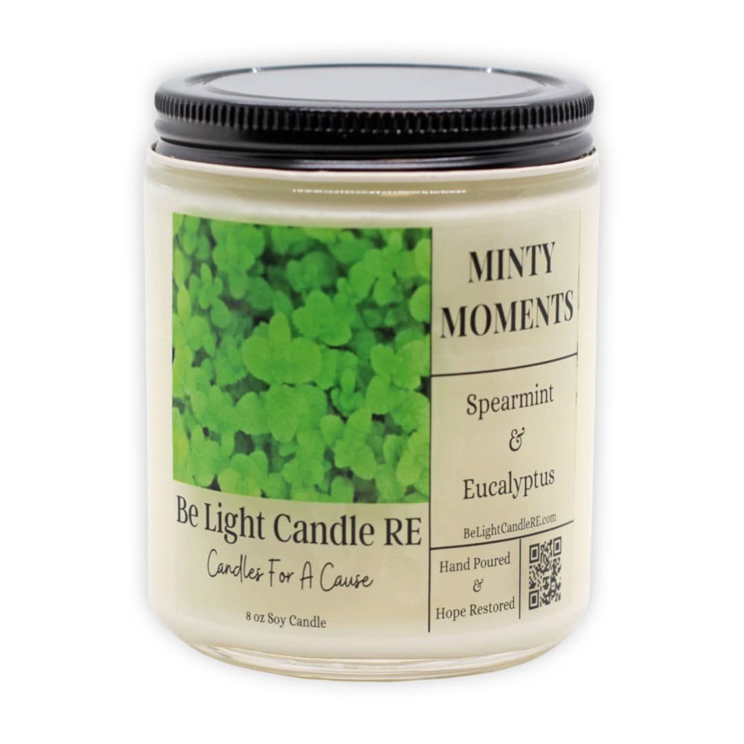 Eucalyptus Soy Candles - 8oz Non-Toxic Aromatherapy Scented Candles for Home | Long Lasting Mint Scent | Purpose-Driven Be Light Candle RE (Minty Moments) | Perfect for Relaxation, Meditation & Home Decor