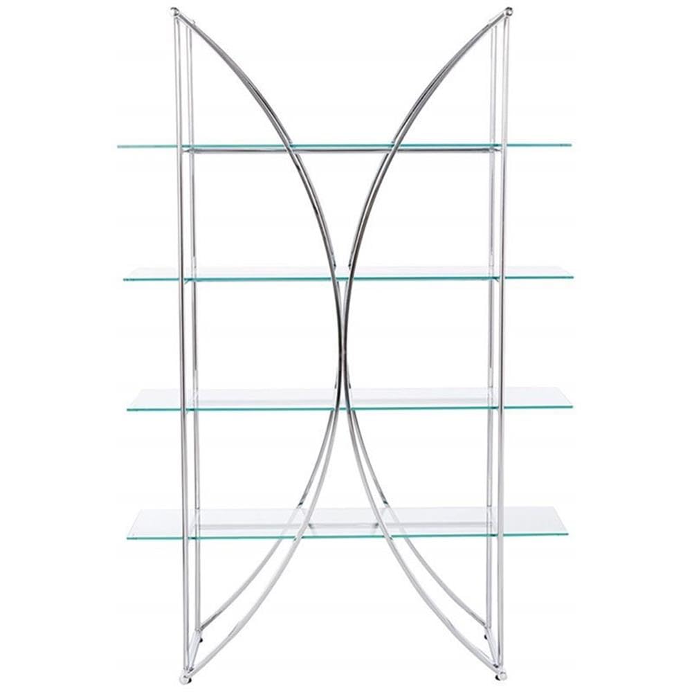 4 Shelf Floating Glass X Motif Bookcase - Chrome Finish Modern Bookshelf for Living Room, Bedroom & Office Storage