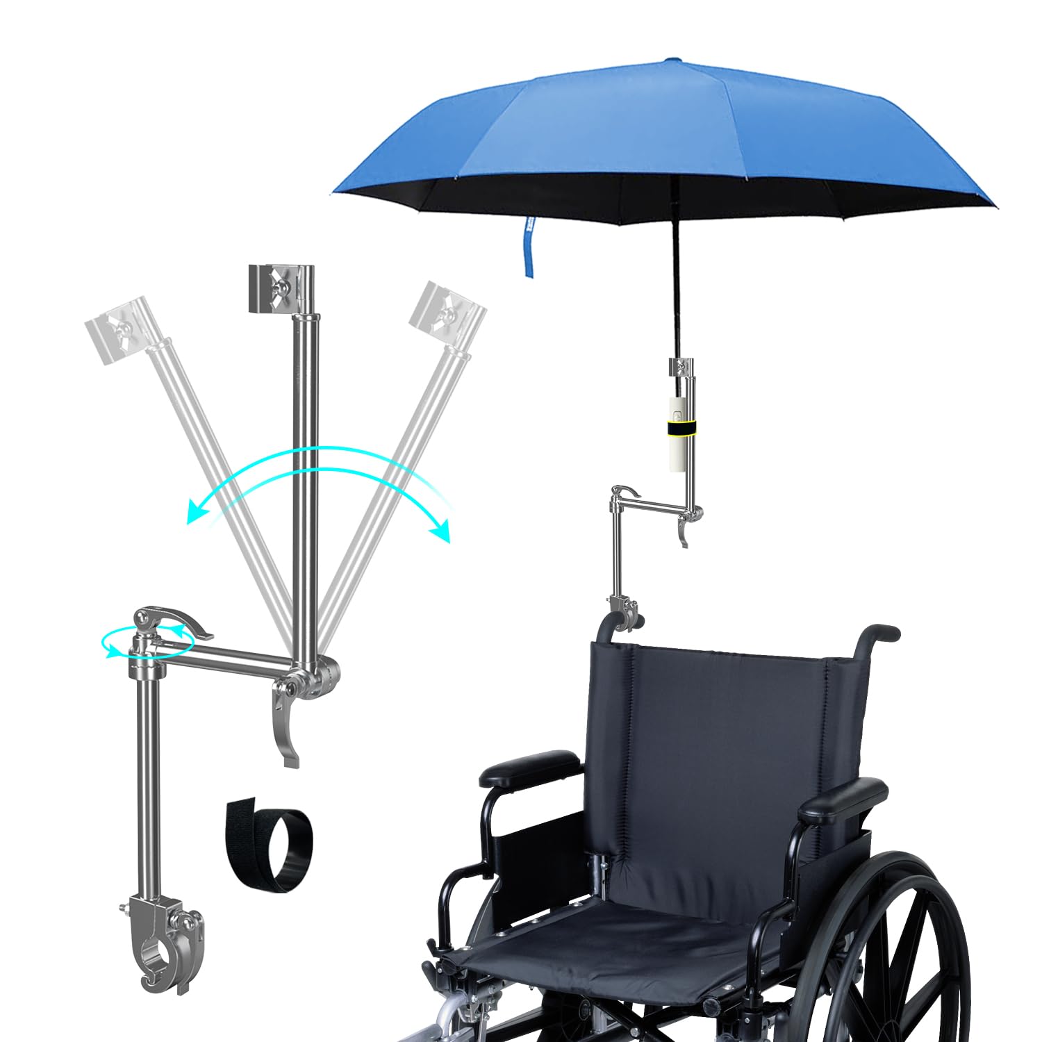 Wheelchair Umbrella Mount Holder - Adjustable Golf & Stroller Umbrella Attachment - Universal Clip Stand for Beach Chairs, Bikes, Walkers & Rollators - Perfect for Outdoor Activities, Travel & Mobility Assistance