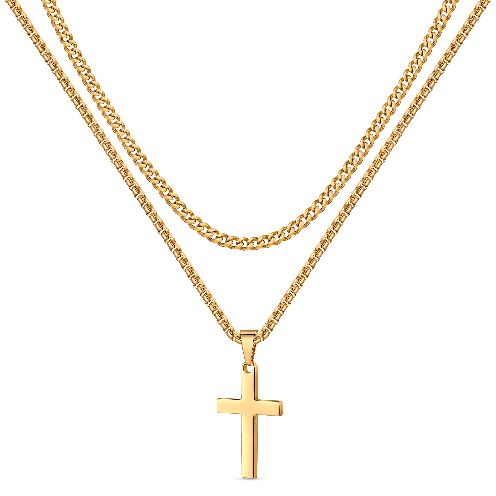 LUXEJEW Men's Cross Necklace - Gold, Silver & Black Stainless Steel Pendant with Cuban Link Chain | Religious Jewelry Gift for Him | Perfect for Church, Weddings & Everyday Wear