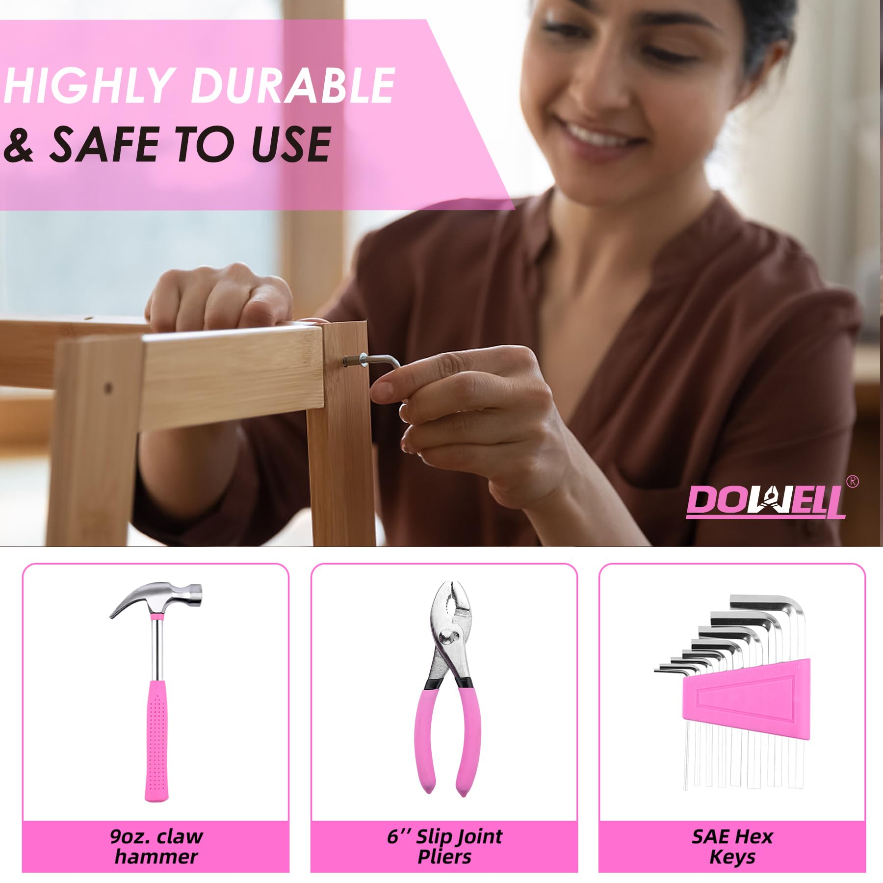 DOWELL 40-Piece Pink Home Tool Kit with Plastic Storage Case - General Household Hand Tool Set for Women | Perfect for DIY Projects, Home Repairs & Small Fixes