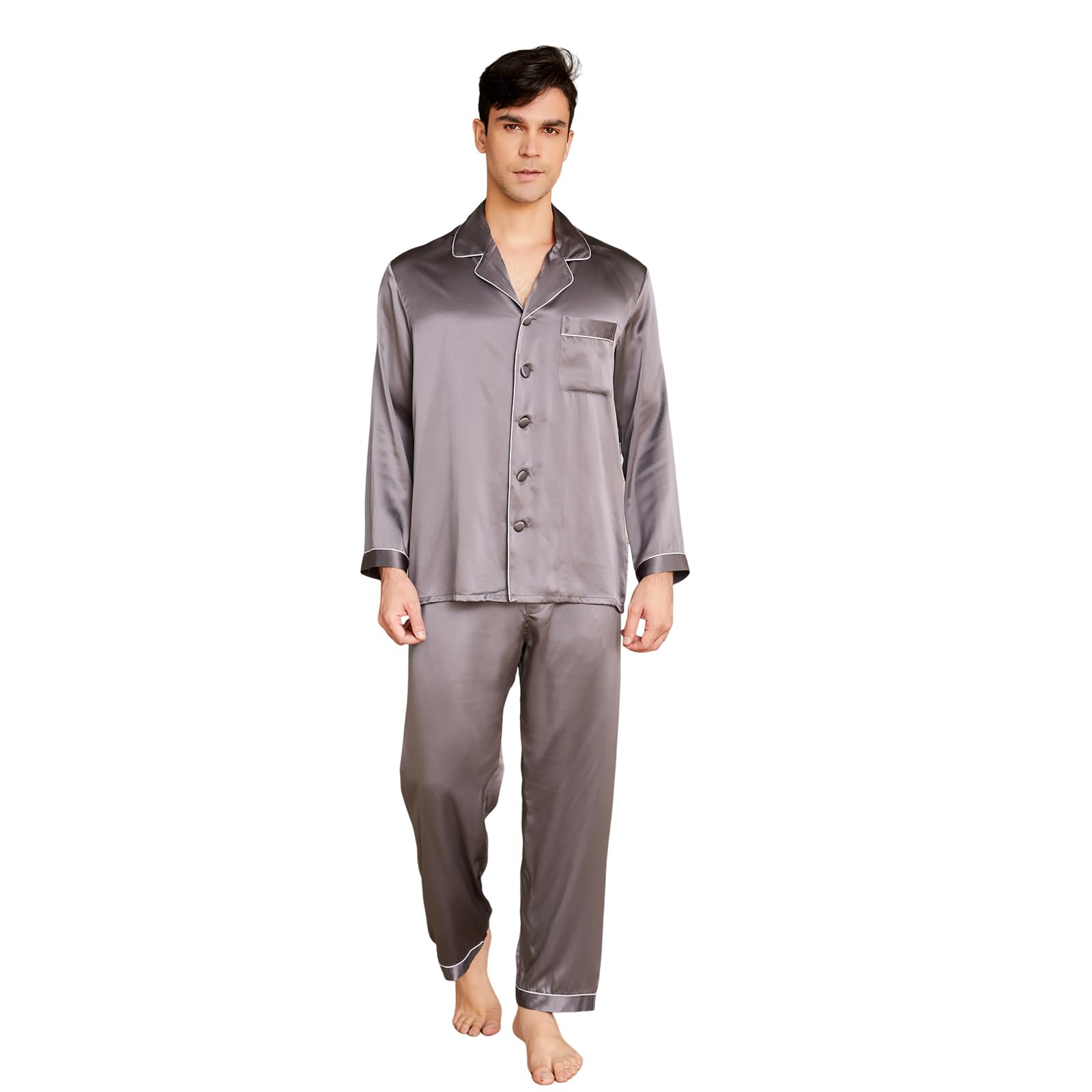 Luxury 19 Momme Mulberry Silk Pajama Set for Men - 2 Piece Long Sleeve Silk Pajamas, Lightweight & Breathable Sleepwear - Perfect for Relaxation, Lounging & Gift Giving