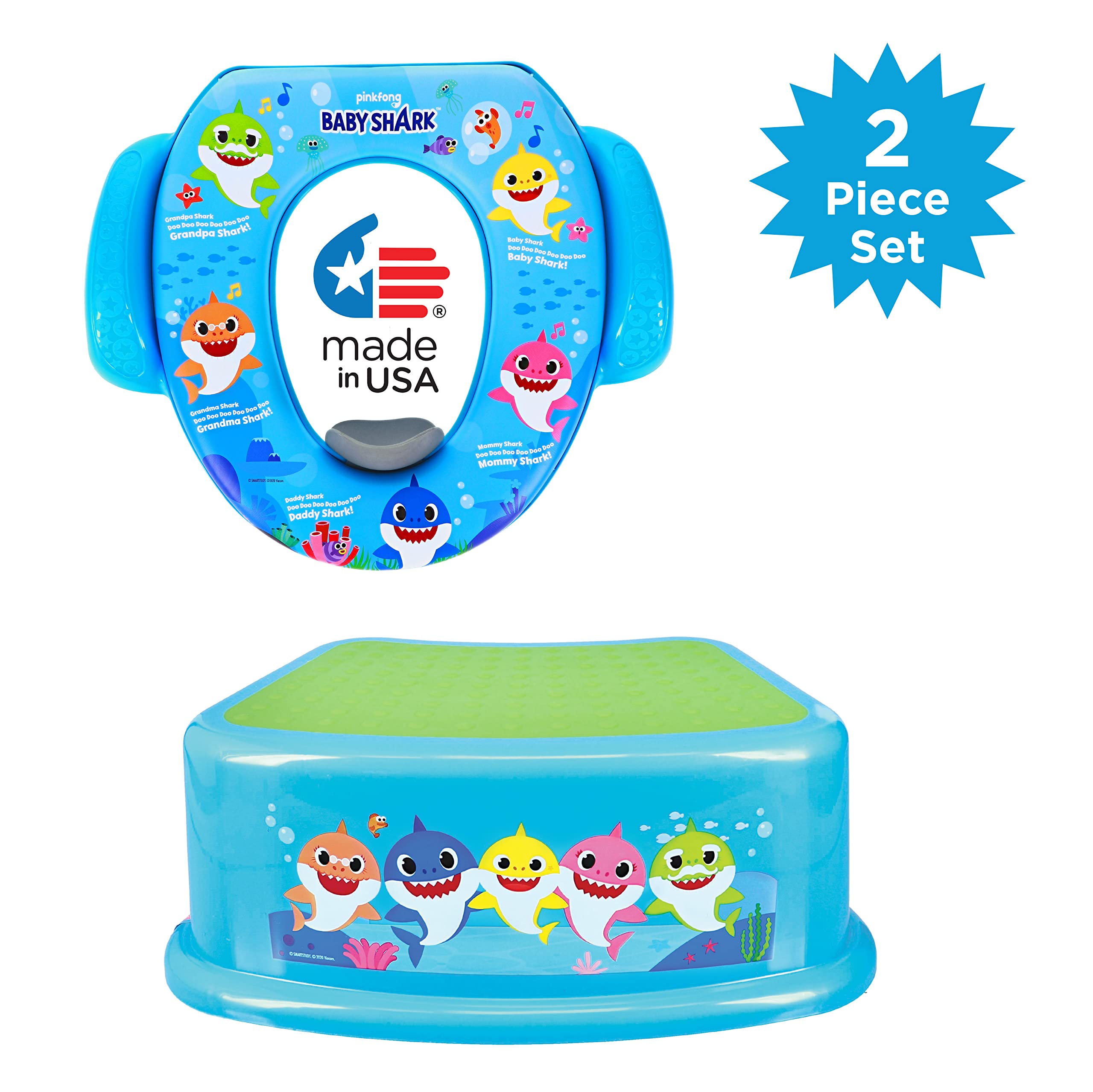 Pinkfong Baby Shark 2-Piece Potty Training Set with Soft Cushion & Step Stool - Safe, Easy to Clean Toilet Trainer for Toddlers - Perfect for Home, Daycare & Travel Use
