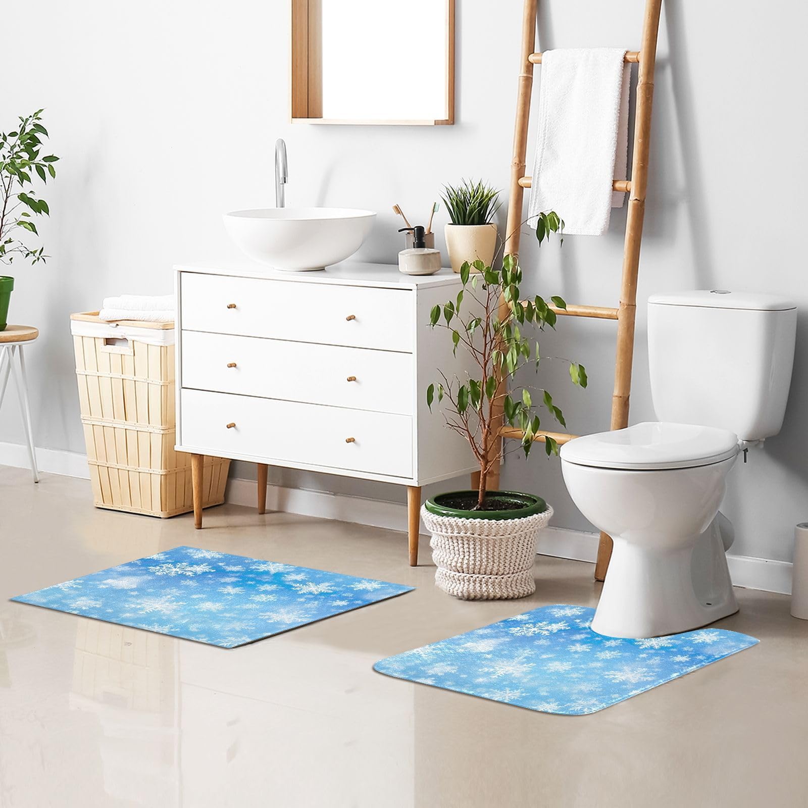 Non-Slip Blue Snowflake Bathroom Rugs Set of 2 - Ultra Soft Absorbent Washable Bath Mats for Christmas Decor, Shower & Tub Floor - Perfect for Holiday Bathroom Decorations & Winter Home Accents