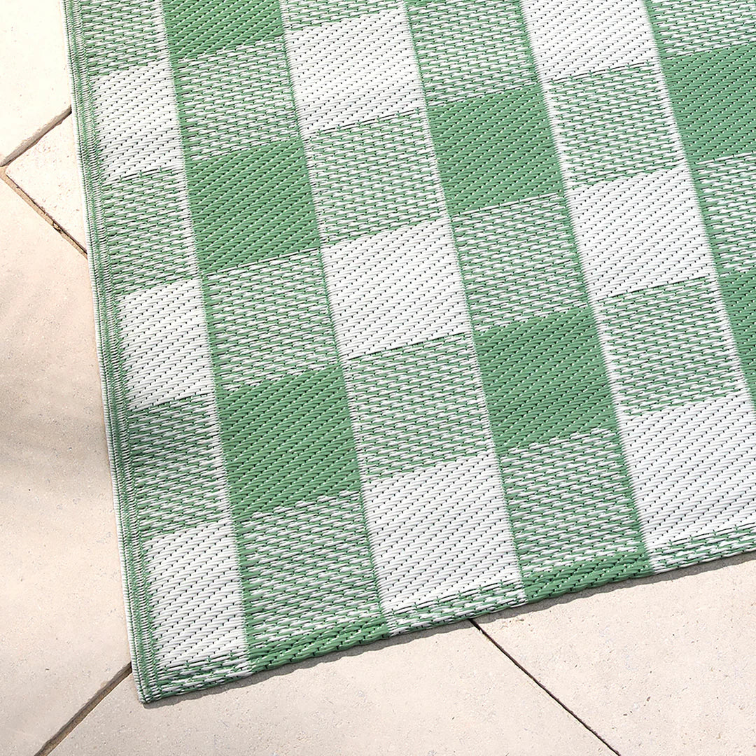 Fusion Gingham Outdoor Rug - Waterproof & Durable Green Checkered Patio Mat for Garden, Deck, and Poolside Use