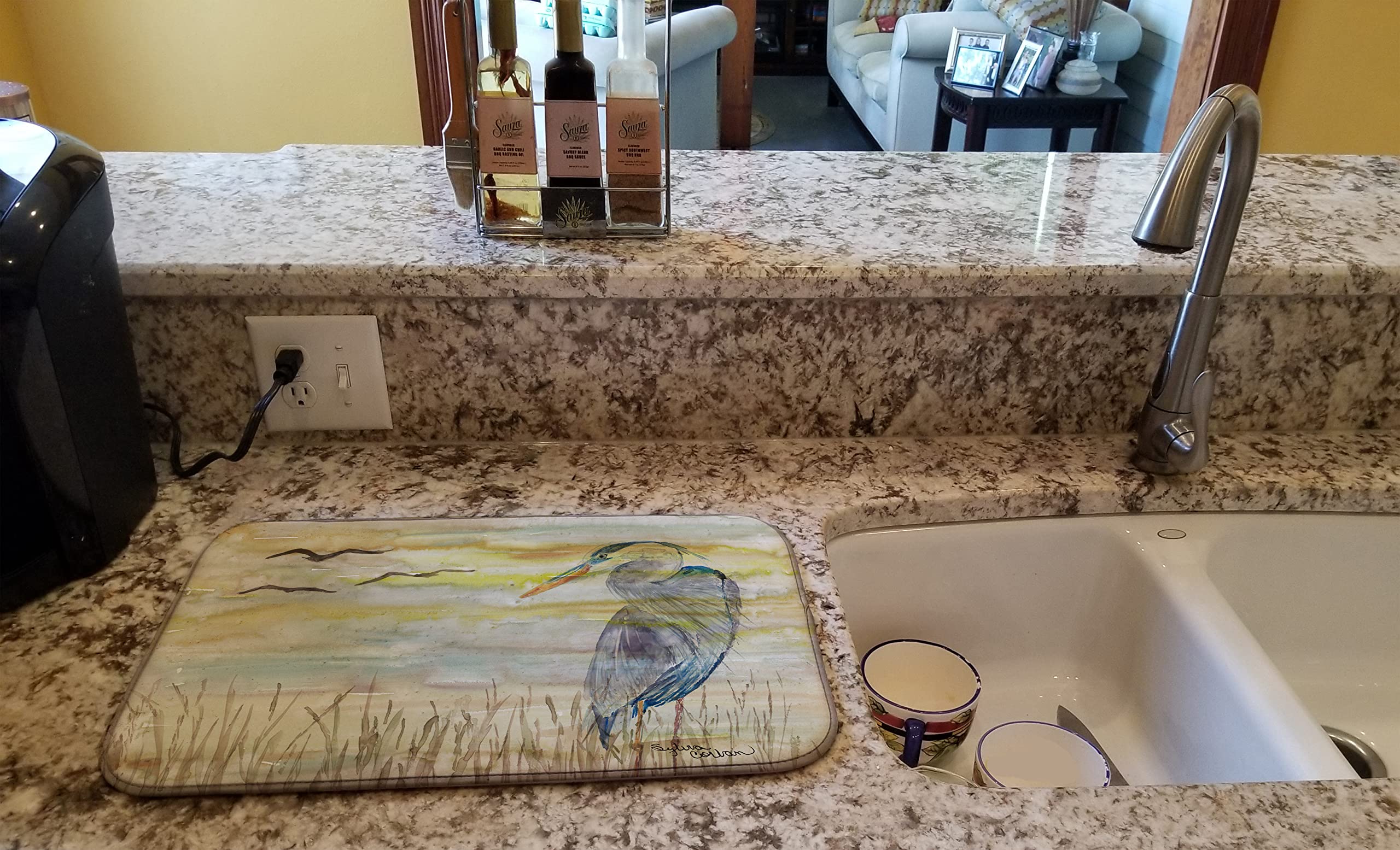 Blue Heron Dish Drying Mat - Absorbent Kitchen Counter Pad (14x21