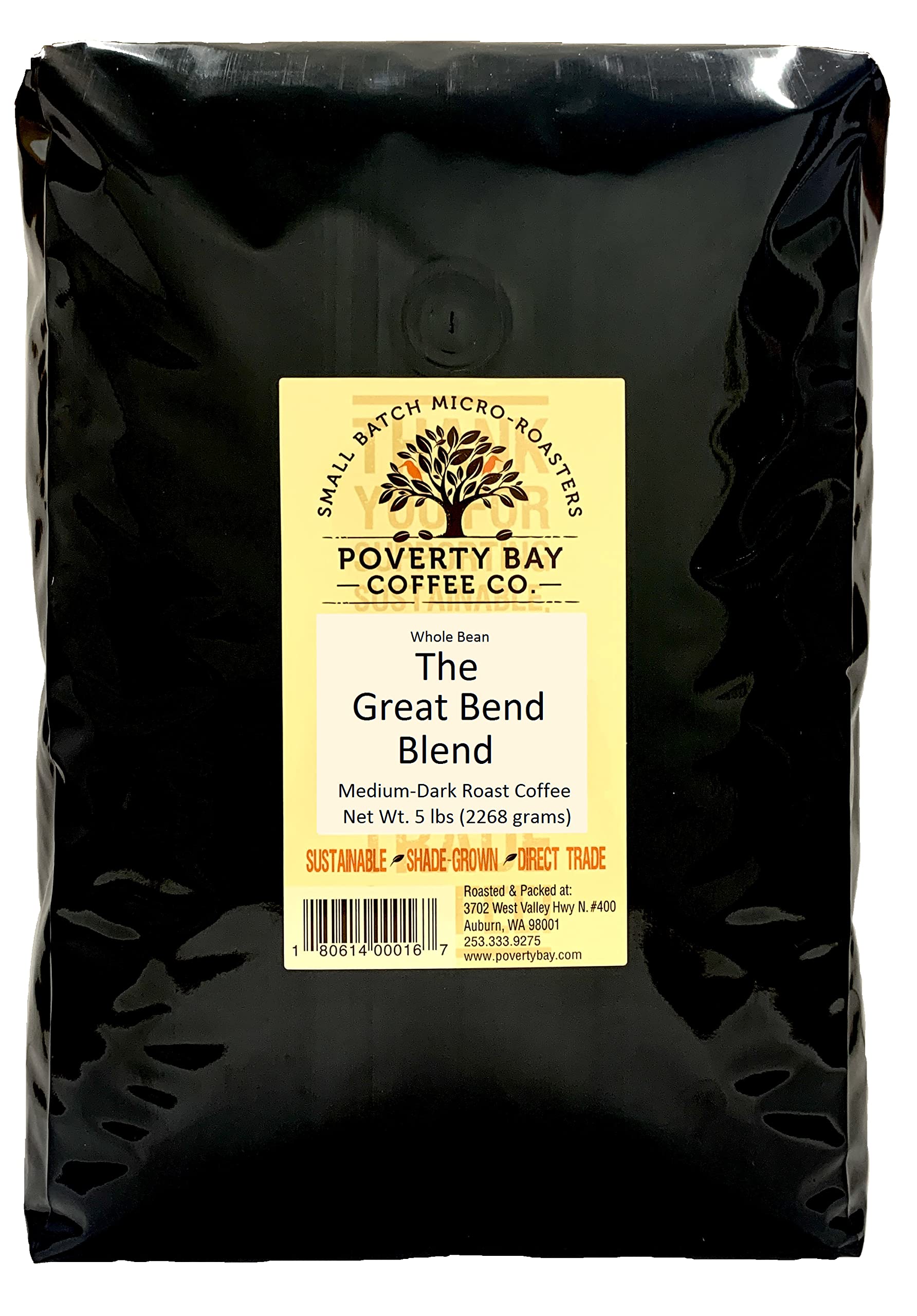 Premium Medium Dark Roast Whole Bean Coffee - Great Bend Blend by Poverty Bay Coffee Co. - 5lb Bulk Bag for Home Brewing, Office Use & Cafes - Rich, Smooth Flavor for Espresso, Drip & French Press