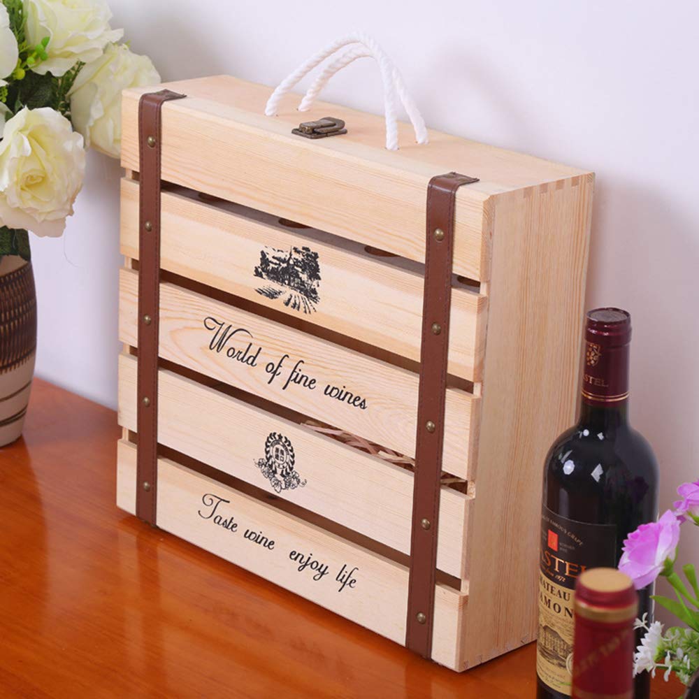 Natural Wooden Wine Box Carrier - 4 Bottle Wine Gift Box with Handle for Travel, Storage & Gifting - Elegant Wooden Wine Bottle Case Holder for Home, Parties & Weddings