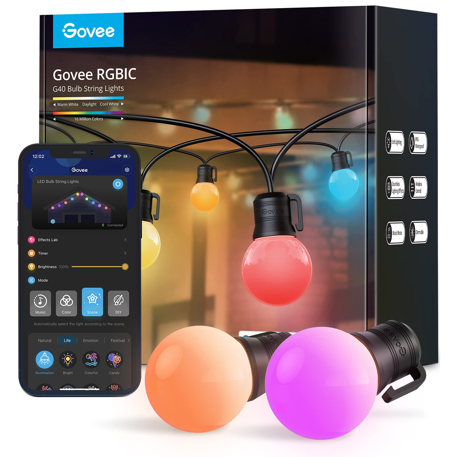 Govee 50ft Smart RGBIC Outdoor String Lights with 25 Dimmable LED Bulbs - IP65 Waterproof, Alexa & App Control - Warm White & Color Changing Lights for Garden, Patio, Balcony, Party & Holiday Decorations