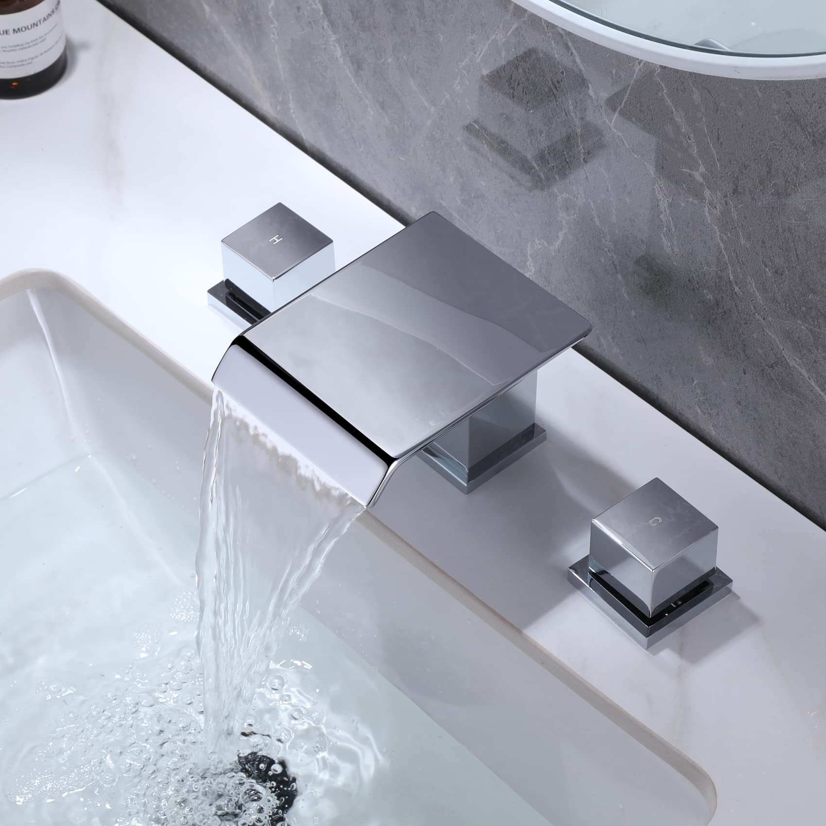 TapLong Solid Brass Modern Waterfall Bathroom Faucet - 3 Hole Deck Mount with 2 Square Handles, Chrome Finish for Bathroom Sink - Perfect for Contemporary Vanities and Spa-Inspired Bathrooms