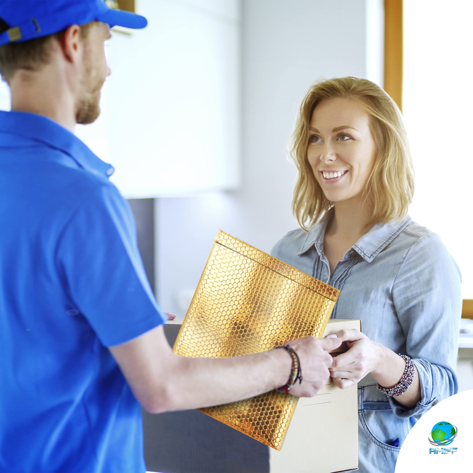 AMIFF Gold Metallic Bubble Mailers 8.5x13 Inches - Pack of 100 Opaque Self-Seal Foil Shipping Envelopes | Waterproof Poly Mailers for Small Business | Perfect for Ecommerce Shipping, Jewelry Packaging & Gift Wrapping