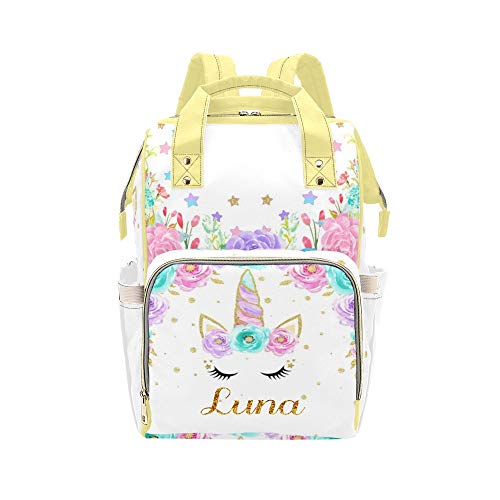 Custom Personalized Watercolor Unicorn Diaper Backpack with Name - Yellow Nursing Baby Bag for Moms, Girls | Perfect for Travel, Daycare & Casual Outings