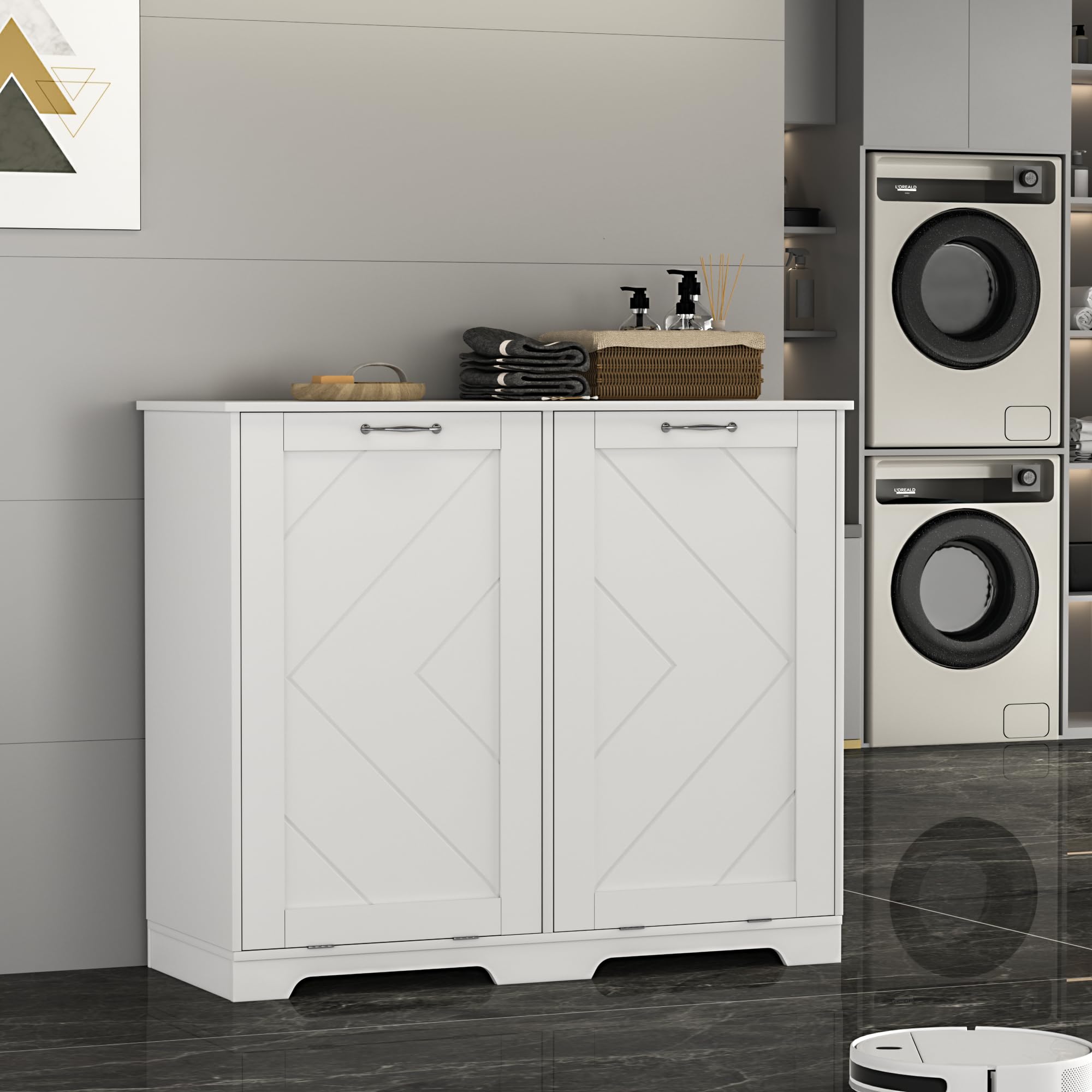 VECELO Double Tilt-Out Kitchen Trash Bin Cabinet - Dog Proof Garbage Can with Wood Holder, Free Standing Recycling Bin for Kitchen, Bathroom, Office - White