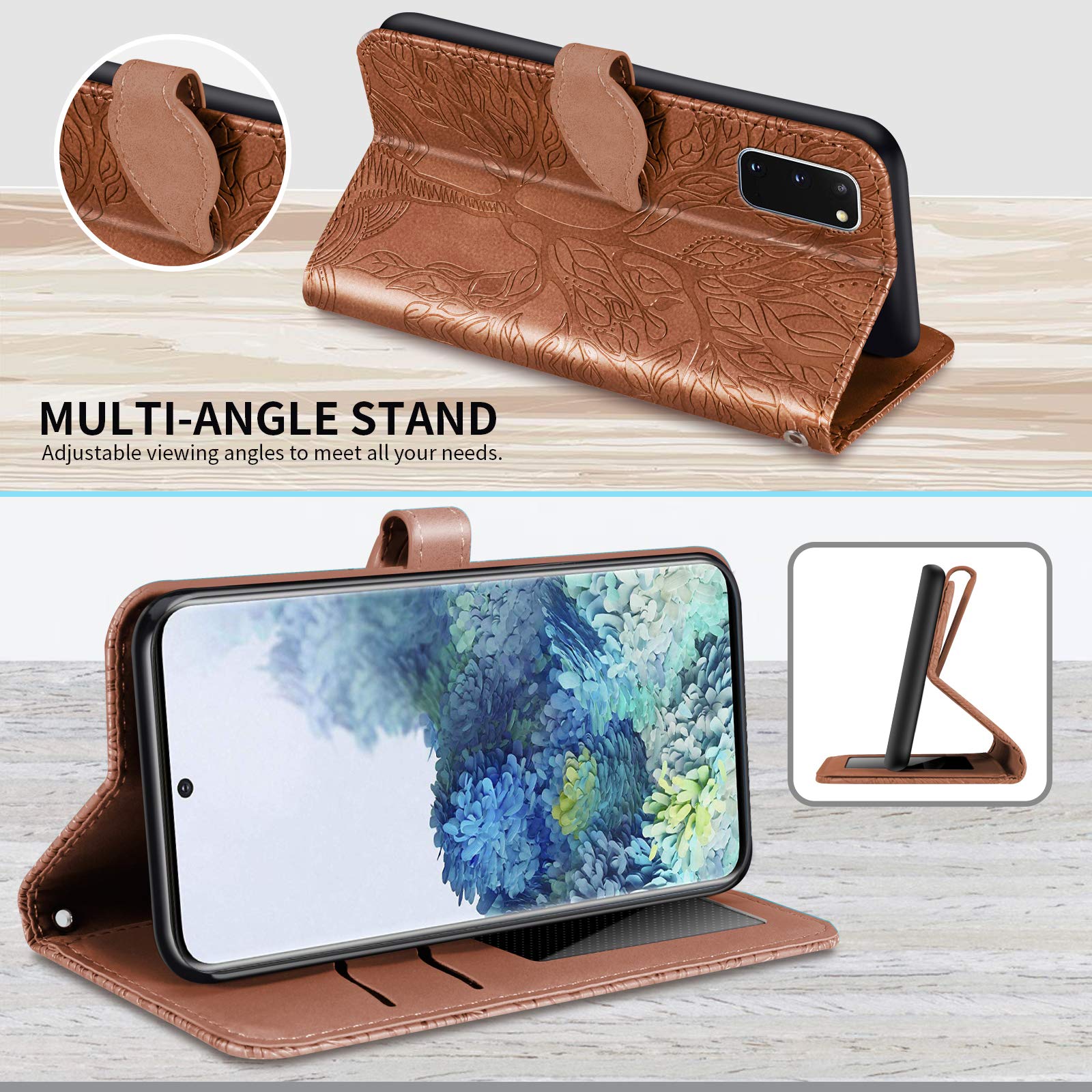 Samsung Galaxy S20 5G Wallet Case - PU Leather Folio Flip Cover with Card Slots & Kickstand, Wrist Strap - Tree of Life Brown - Perfect for Business, Travel & Everyday Protection