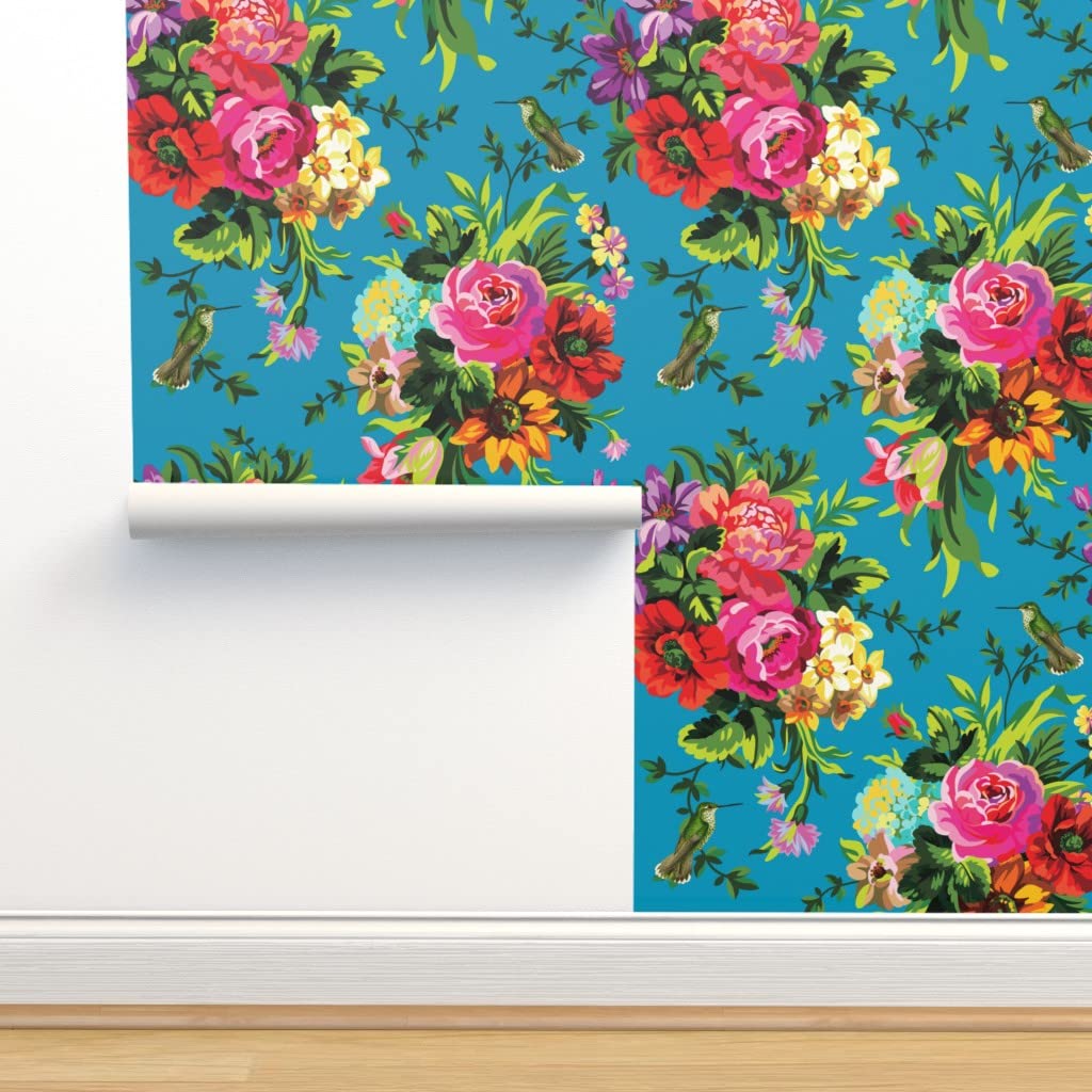 Commercial Grade Wallpaper Swatch - Bright Floral Hummingbirds Design in Aqua Blue, Pink & Red | Summer Beach Traditional Pattern by Spoonflower | Perfect for Living Room, Bedroom & Nursery Decor