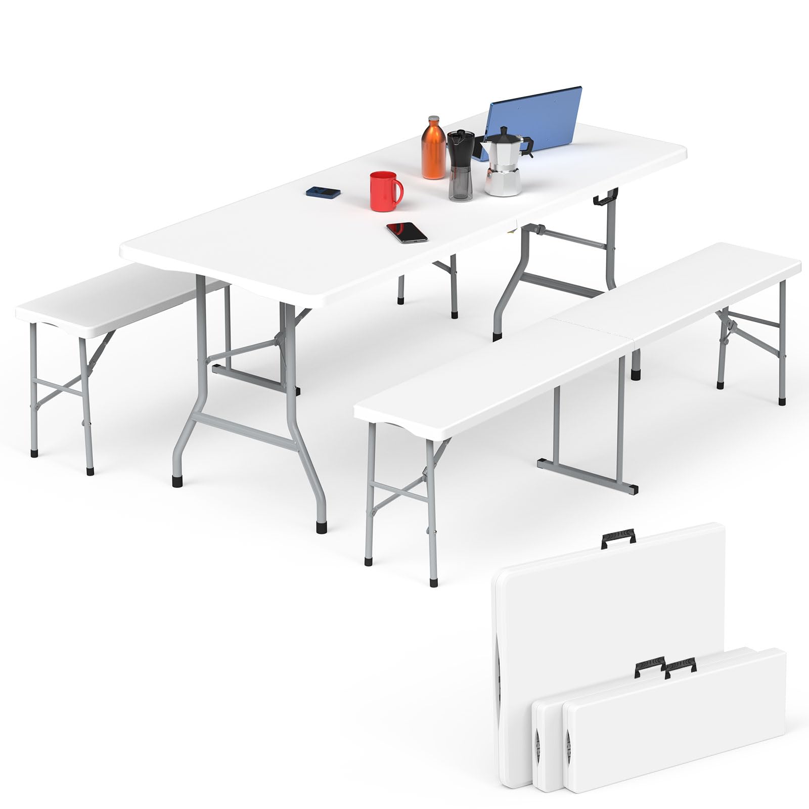 HLPB 6 ft Folding Picnic Table Set with 2 Benches - Portable Outdoor Camping Table for Parties, Meetings, BBQ, Weddings & Indoor Use - Lightweight White Foldable Table with Handle & Safety Locks (Perfect for Backyard Gatherings, Tailgating, Beach Trips & Home Office)
