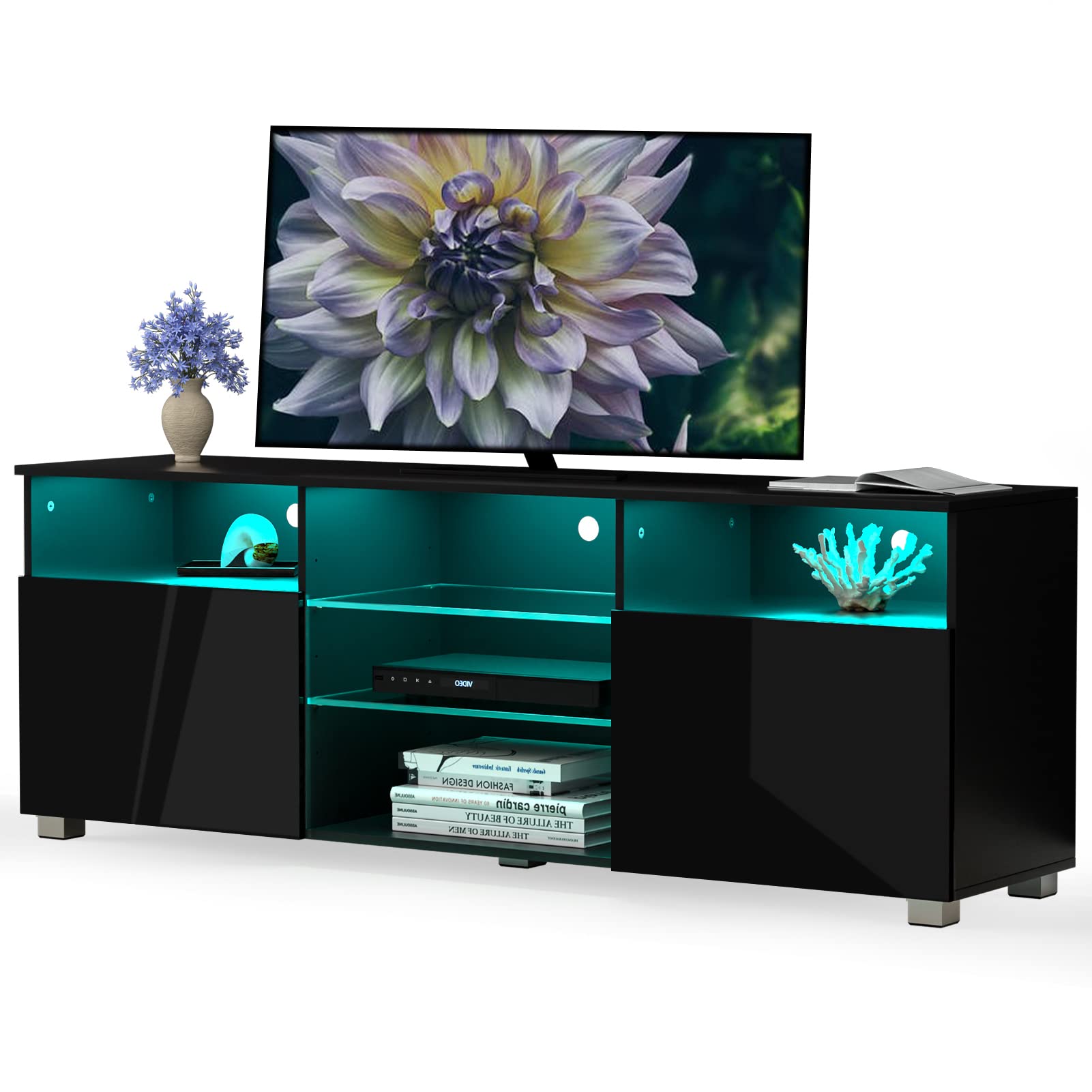 Modern High Gloss LED TV Stand for 55/60/65 Inch TVs - Adjustable Storage Shelves Entertainment Center with Game Console Space - Black Media Console Furniture (47 Inch) - Perfect for Living Room, Home Theater & Gaming Setup