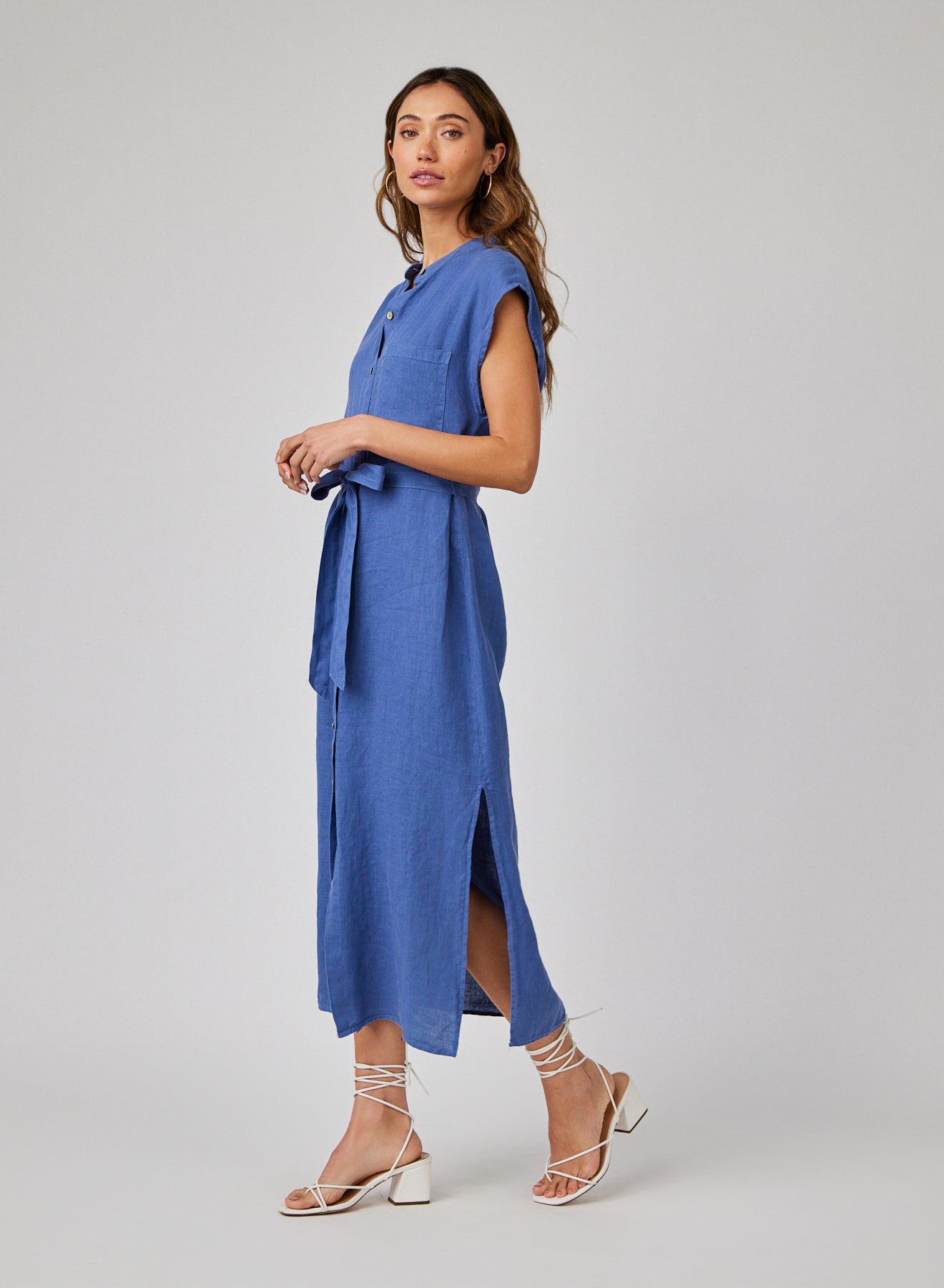 Linen Cap Sleeve Button Front Midi Dress in Antique Indigo - Perfect for Summer Outings, Beach Vacations & Casual Events