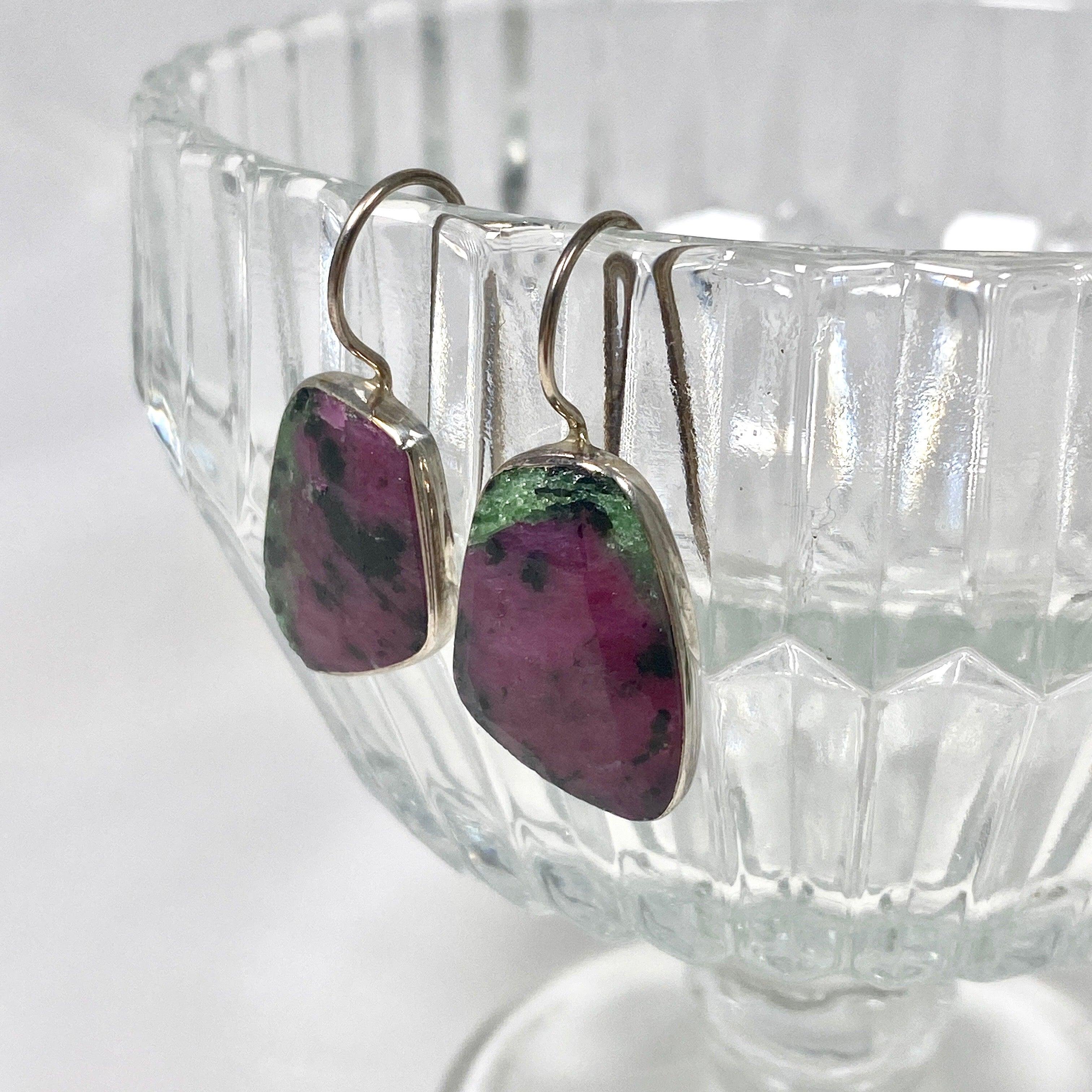 Ruby in Zoisite Faceted Freeform Hook Earrings KEGJ1119 – Elegant Handmade Jewelry for Women, Perfect for Parties, Weddings & Special Occasions