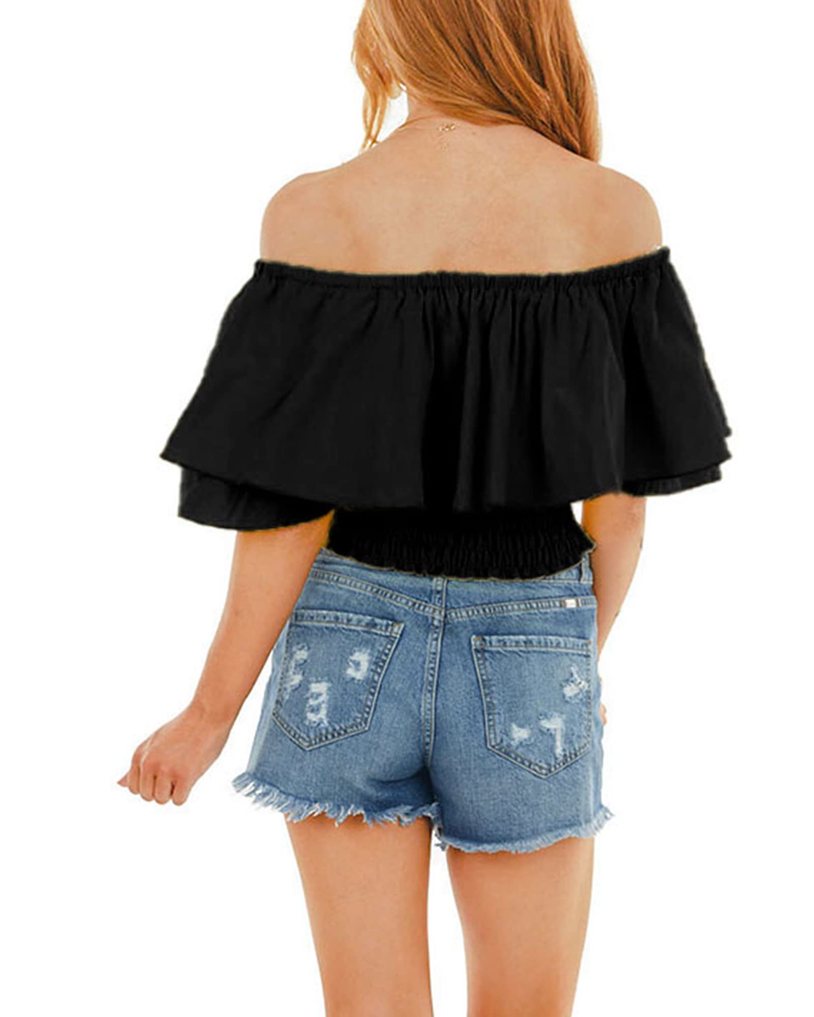 HibluCo Women's Off Shoulder Ruffled Crop Top - Smocked Waist Blouse for Summer | Casual Beach Wear, Date Night Outfit, Vacation Style