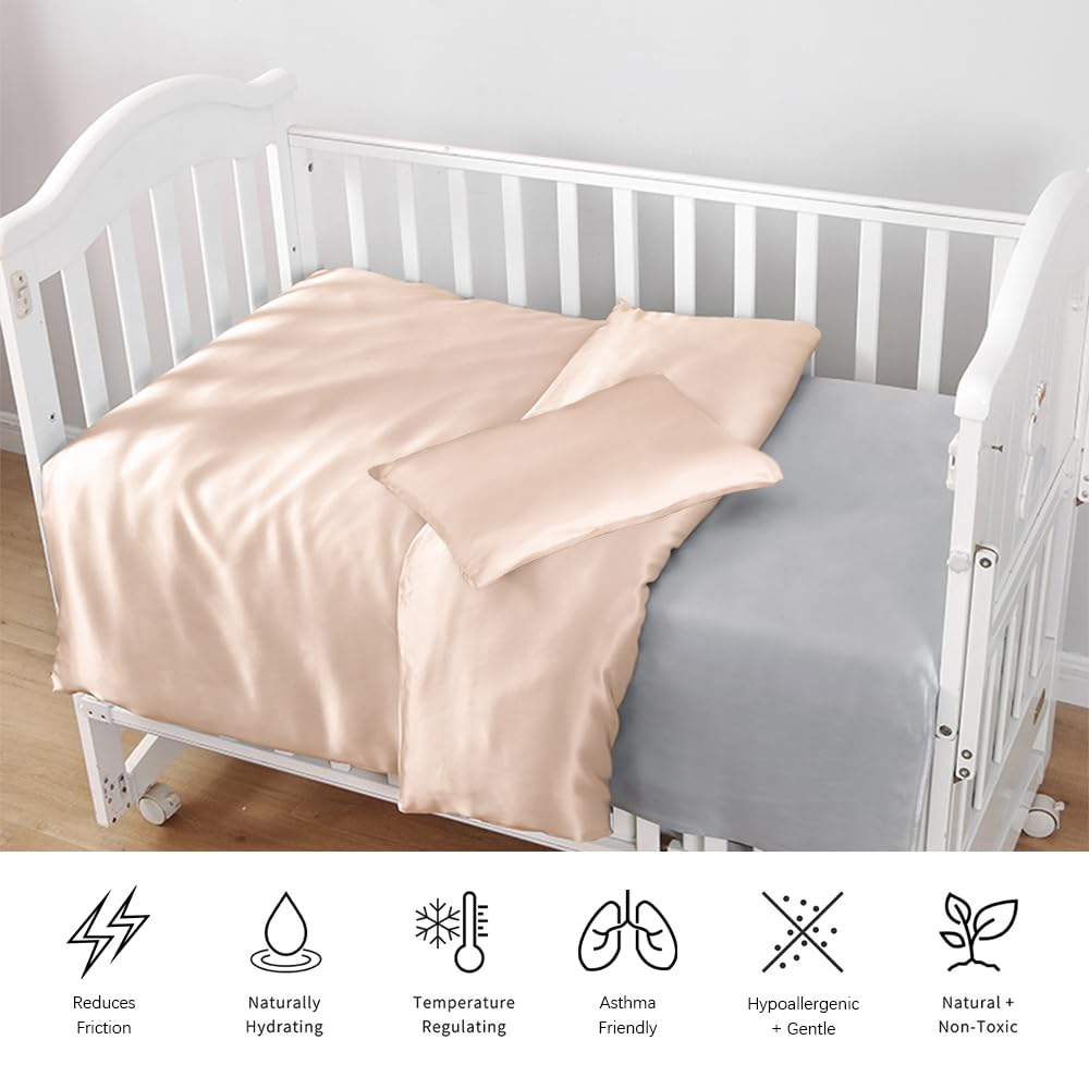 PROMEED 100% Pure Mulberry Silk Baby Crib Bedding Set - OEKO-TEX Certified 22 Momme 3-Piece Nursery Set with Duvet Cover, Fitted Sheet & Pillowcase for Boys & Girls (Champagne) | Luxury Soft Hypoallergenic Crib Set for Newborns & Infants