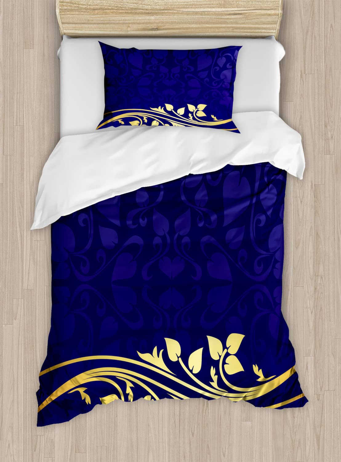 Ambesonne Floral Duvet Cover Set - Romantic Royal Leaf Pattern Yellow Blossom Branch Design, 2-Piece King Size Bedding Set with 4 Pillowcases (Purple Indigo) for Master Bedroom & Guest Room Decor