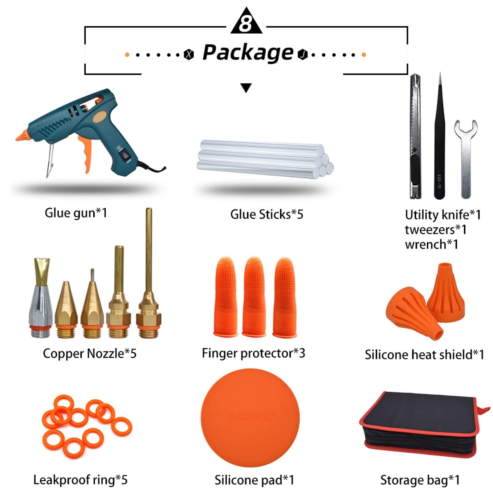 Professional 50W/150W Hot Glue Gun Set - Adjustable Temperature, Leak-Proof Design with Pure Copper Nozzle for DIY Crafts, Home Repairs & Woodworking Projects (UK Plug, 8-Piece Kit)