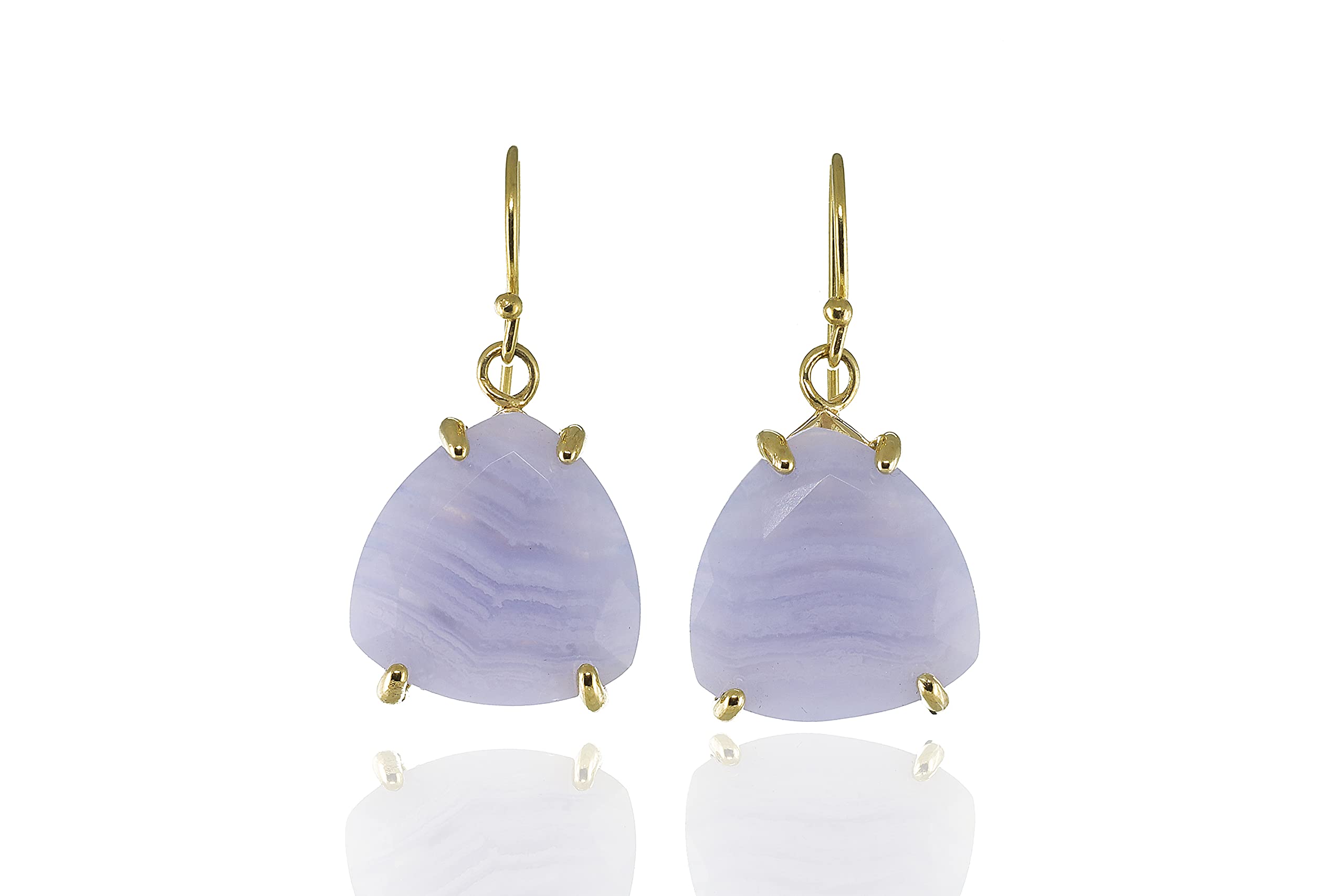Blue Lace Agate Dangle Earrings - 14K Gold Trillion Cut Gemstone Jewelry - Handmade 4 Prong Stone Earrings for Women - Elegant Blue Purple Color | Perfect for Weddings, Parties & Special Occasions