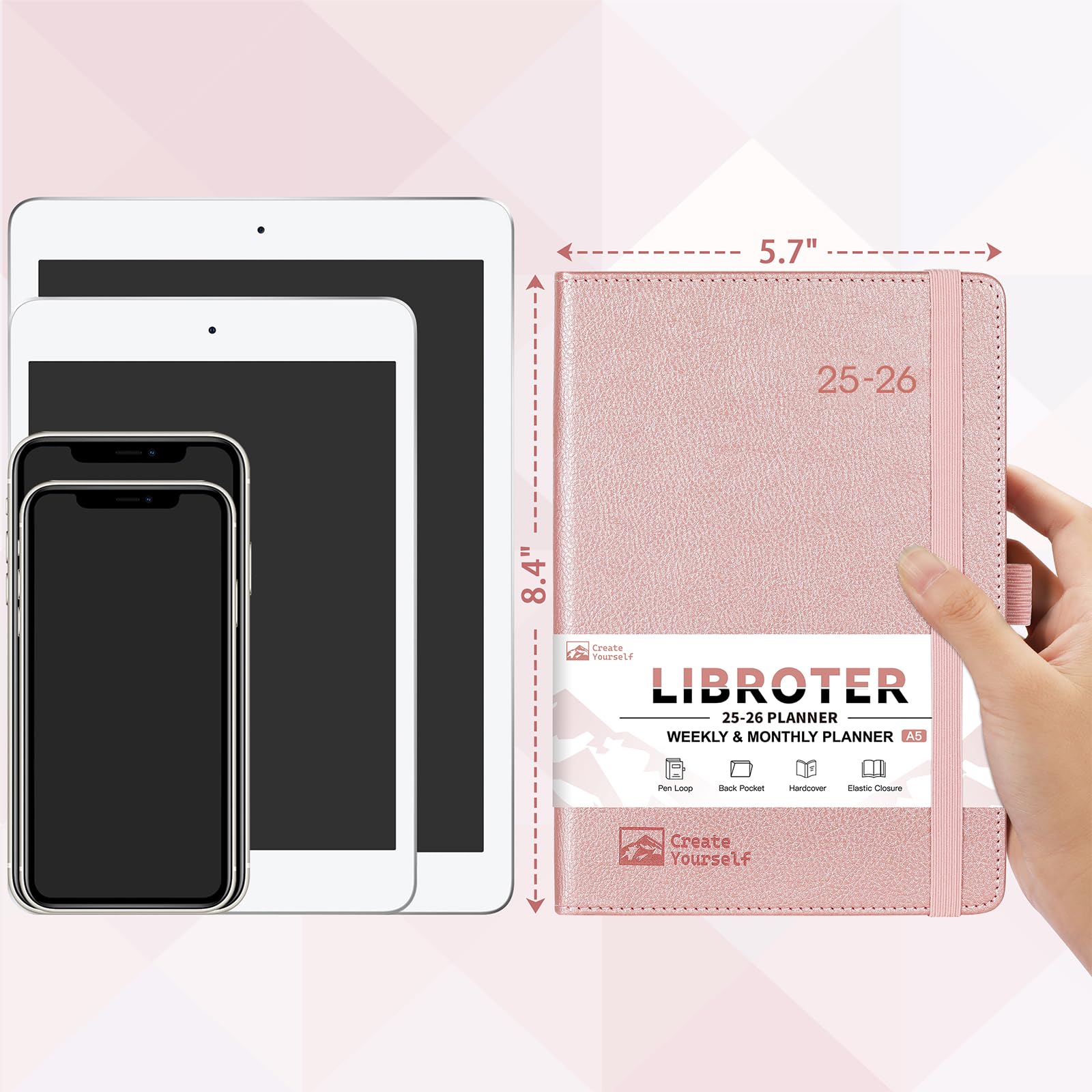 2025-2026 Academic Planner - Weekly & Monthly Planner from July 2025 to June 2026, 5.7'' x 8.4'' Compact Size with Thick Paper, Leather Cover, Pen Holder & Back Pocket - Rose Gold - Perfect for Students, Professionals & Daily Organization