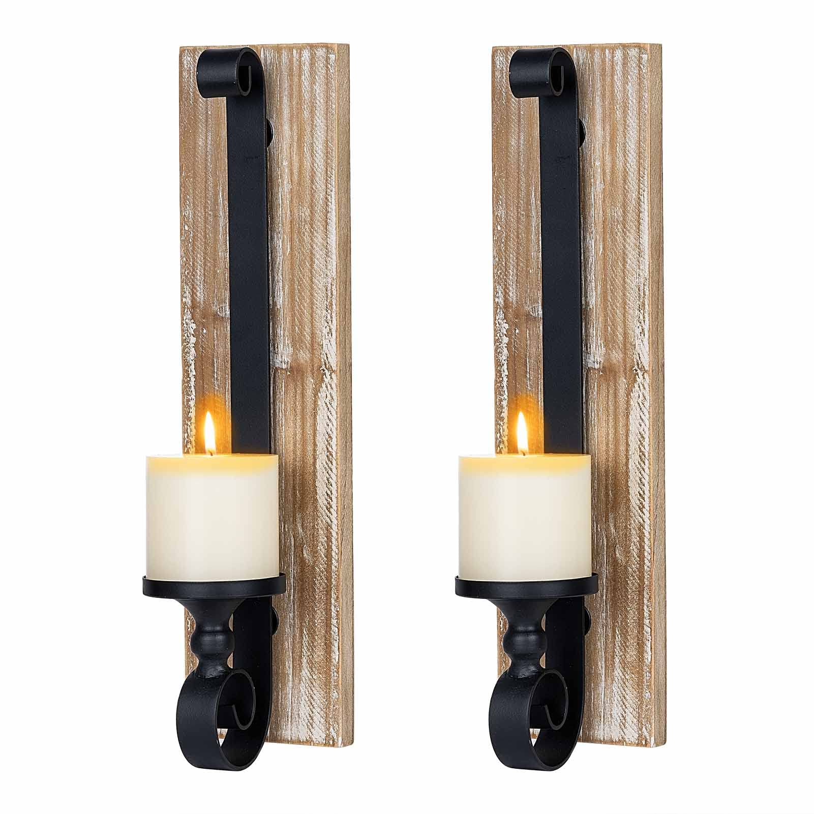 Set of 2 Rustic Wooden & Iron Wall Candle Sconces - Handcrafted Pillar Candle Holders for Living Room, Bedroom, Bathroom & Dining Room Decor - Perfect for Romantic Ambiance, Wedding Decor & Cozy Home Lighting