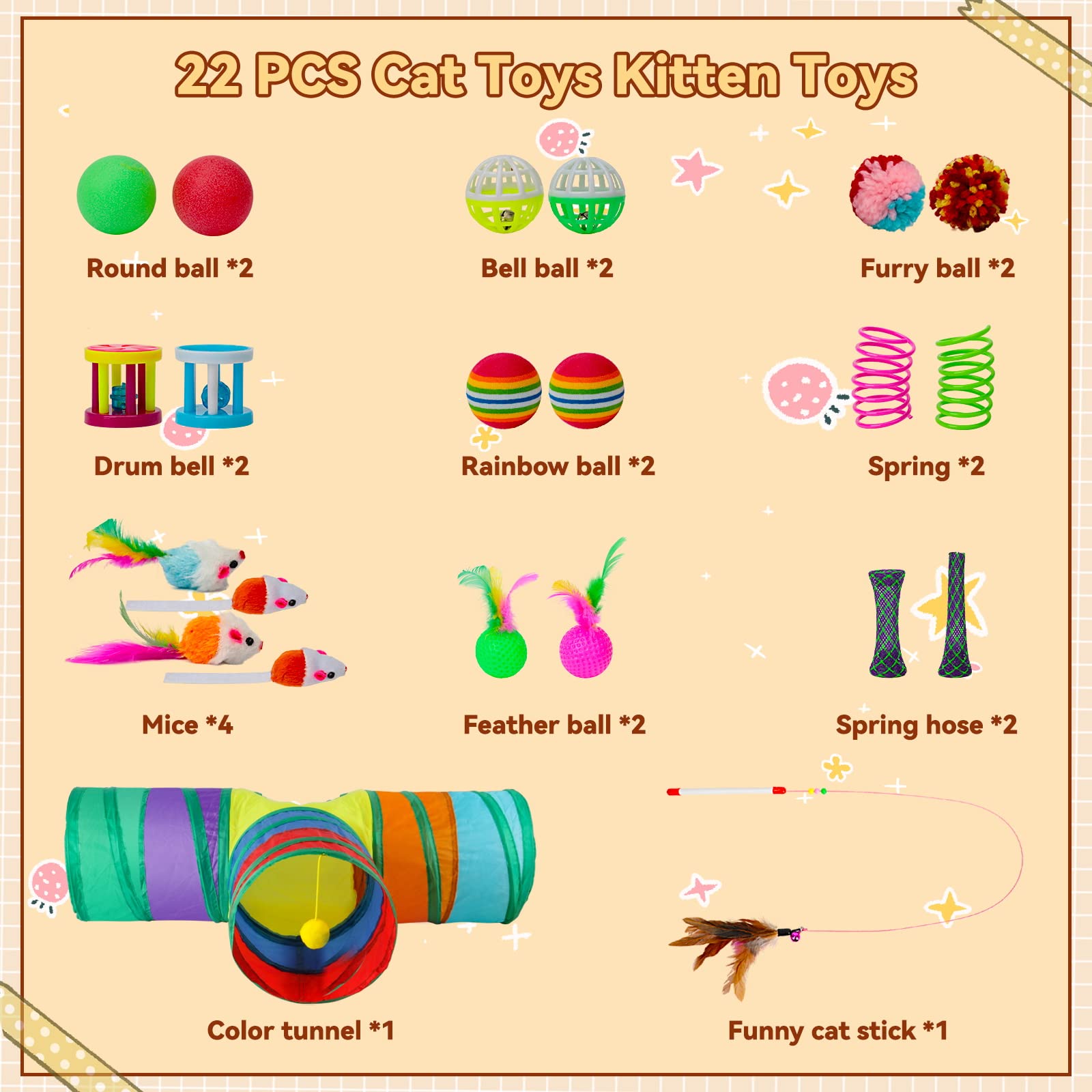 BWOGUE 22PCS Cat Toys Set - Interactive Kitten Toys with Collapsible 3-Way Tunnel, Feather Wands, Fluffy Mice & Crinkle Balls - Fun Indoor Play for Cats, Kittens & Small Pets (Great for Exercise & Bonding)