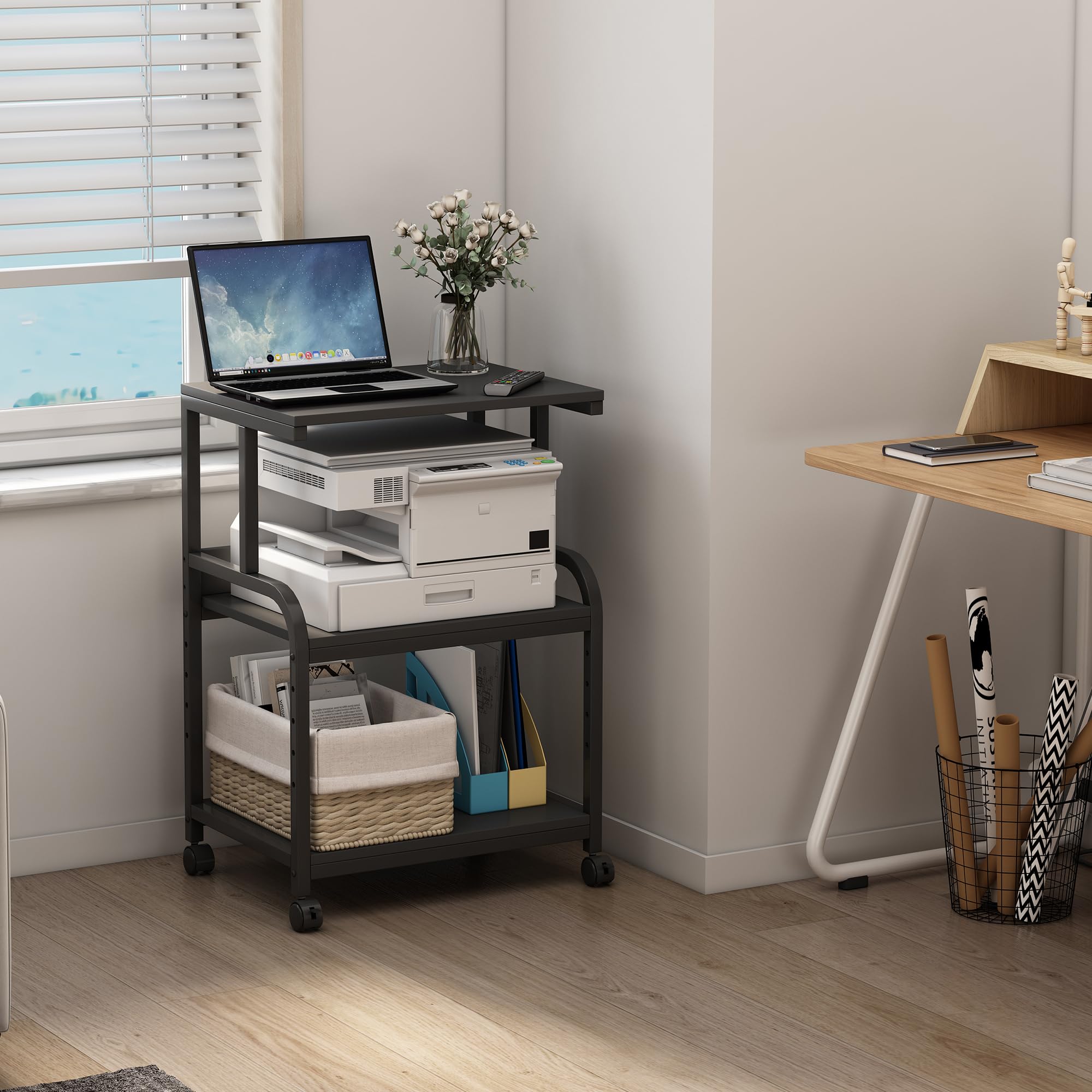 3-Tier Adjustable Height Printer Stand with Rolling Wheels - Black Office Printer Cart for Home & Workspace Organization - Perfect for Small Spaces & Multi-Device Setups