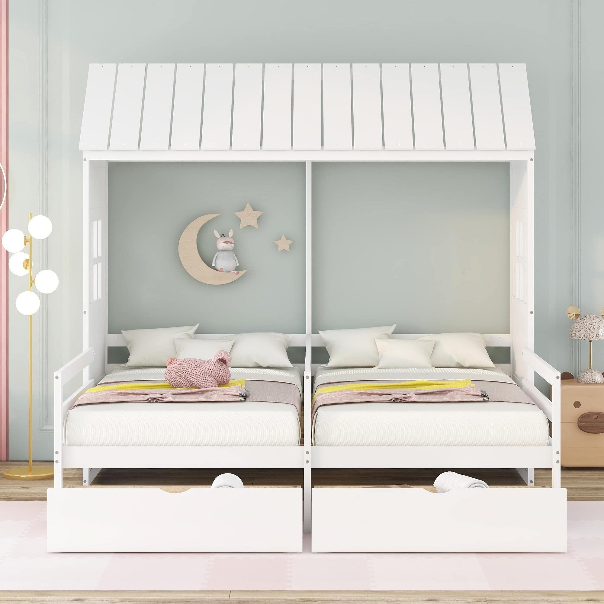 Kids Twin House Bed with Storage Drawers - 2 in 1 Wooden Platform Bed, No Box Spring Needed - Double Canopy Design for Bedroom & Playroom (White) - Perfect for Sleepovers, Playtime & Room Decor