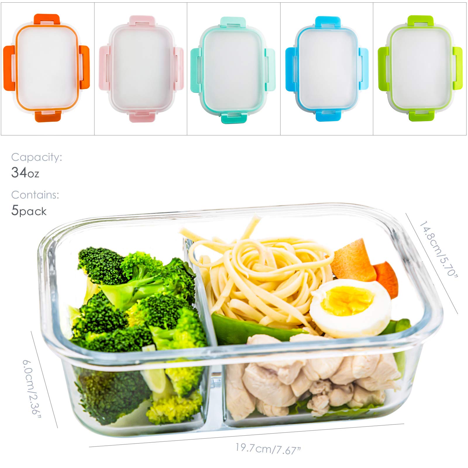 Crest Glass Meal Prep Containers 2 Compartment Set - 5-Pack 34oz Bento Boxes for Adults with Lids | Reusable Divided Glass Lunch Containers for Office, Meal Prepping & Healthy Eating