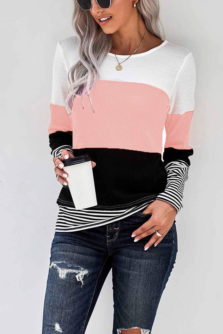 KINSWT Women's Color Block Striped Long Sleeve Crewneck Sweater Top | Casual Fall Winter Knitwear for Office, Date & Everyday Wear