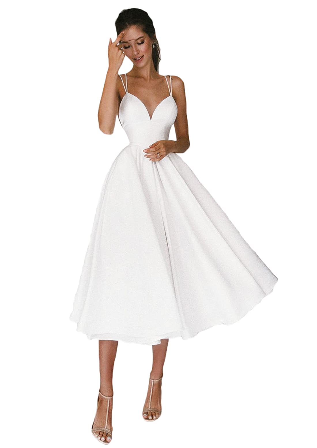 Awishwill Women's Spaghetti Strap Satin Short Wedding Dress with Pockets - Tea Length Bridal Gown for Beach Elopement, Courthouse Ceremony & Summer Vow Renewal