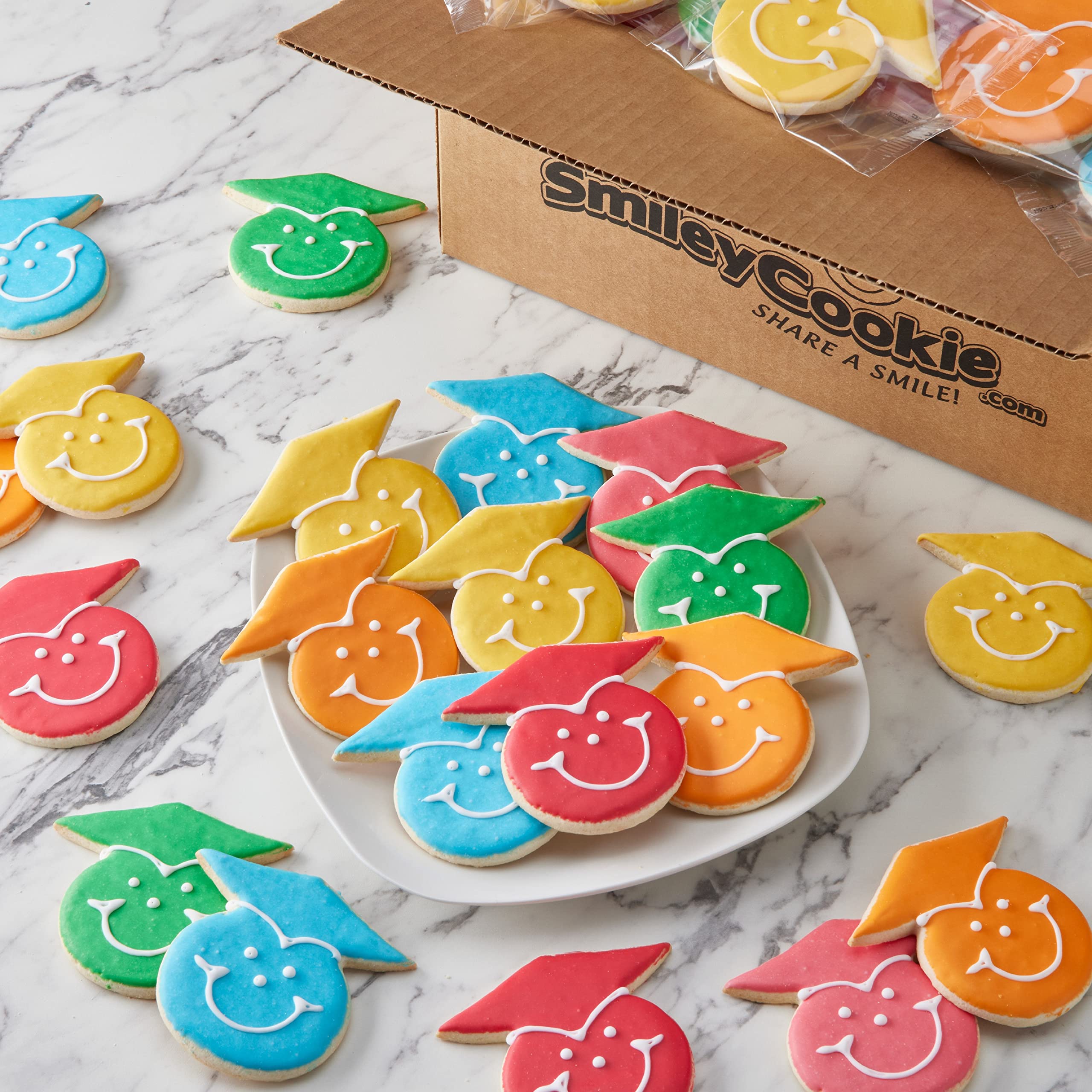 50-Pack Nut-Free Rainbow Graduation Smiley® Cookies - Bulk Party Favors for School Celebrations, Birthday Parties & Special Events