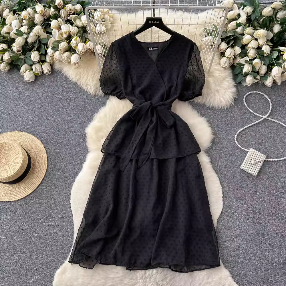 French V-Neck Puff Sleeve Summer Dress - Sweet Flowy Skirt for Women | Perfect for Beach Vacations, Date Nights & Outdoor Parties