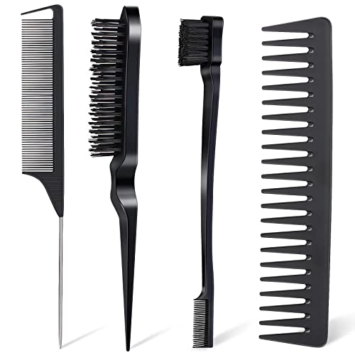 4Pcs Hair Brush Styling Combs Set - Anmieciu Bristle Edge Brush, Teasing Comb, Rat Tail Comb & Wide Tooth Comb for Women, Men & Girls - Perfect for Detangling, Smoothing & Styling Hair - Great for Salon, Home & Travel Use (Black)