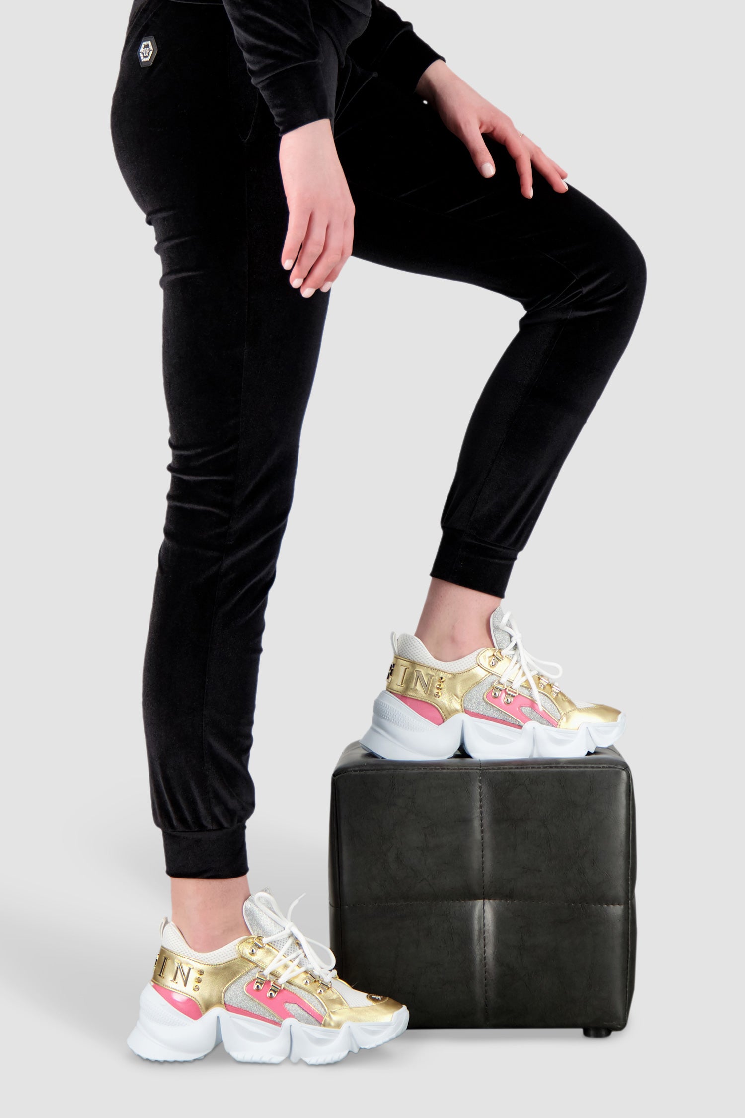 Philipp Plein Gold & Pink Crystal Embellished Sneakers for Women - Luxury Fashion Shoes for Parties, Nightlife & Special Occasions