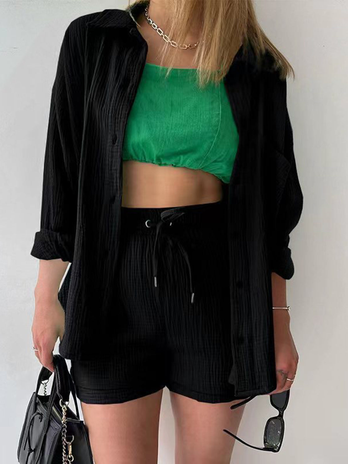 Stylish Texture Button Up Shirt & Drawstring Shorts Set for Men - Casual Summer Outfit for Beach, Travel and Streetwear Fashion